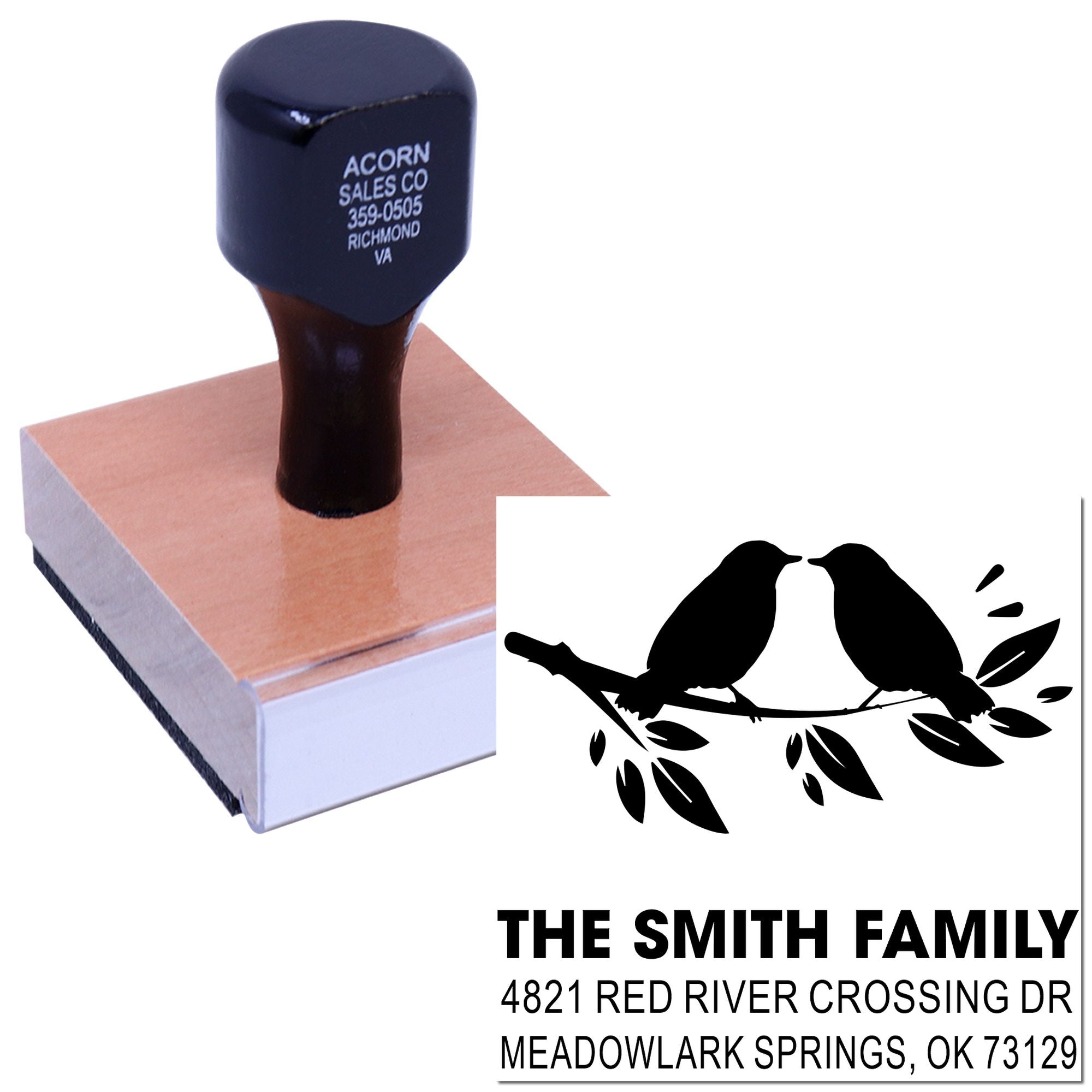 Custom self-inking rubber stamp with birds and family name, showing address details for personalized mailing, return address, and craft use.