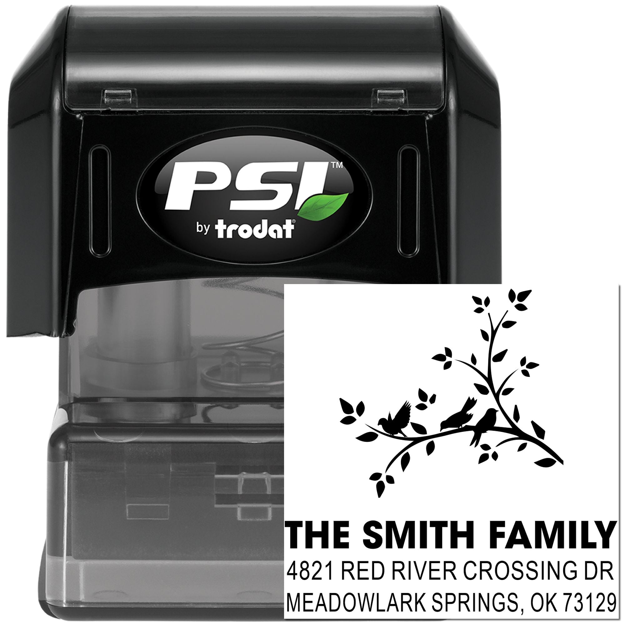 PSI by Trodat self-inking address stamp with custom family name, bird branch design, and return address for personalized mail and stationery
