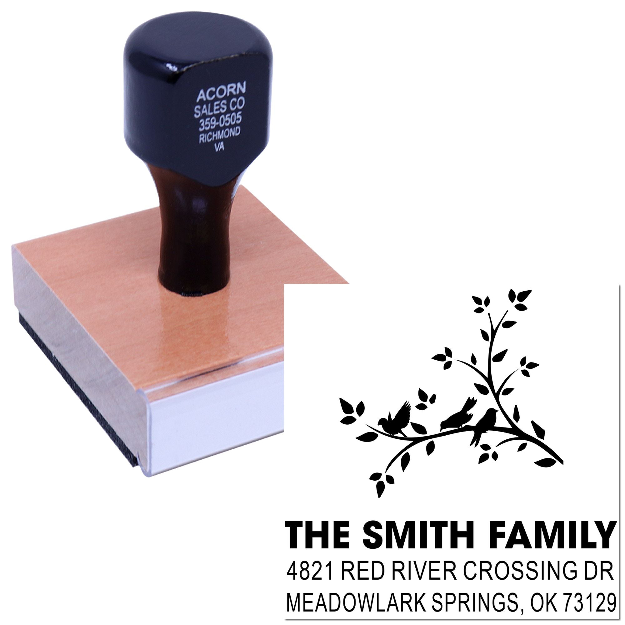 Custom family return address rubber stamp with tree and birds design, self-inking stamp for personalized mail, cards, and envelopes.