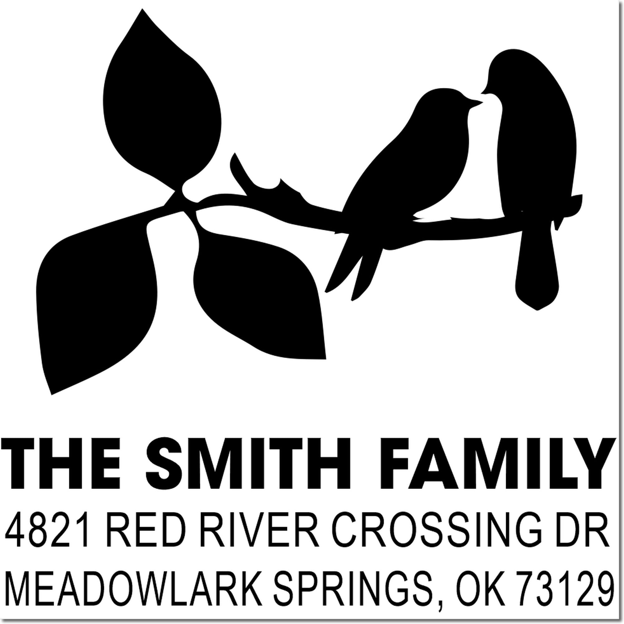 Custom return address rubber stamp with bird and leaf design, The Smith Family, 4821 Red River Crossing Dr, Meadowlark Springs, OK 73129
