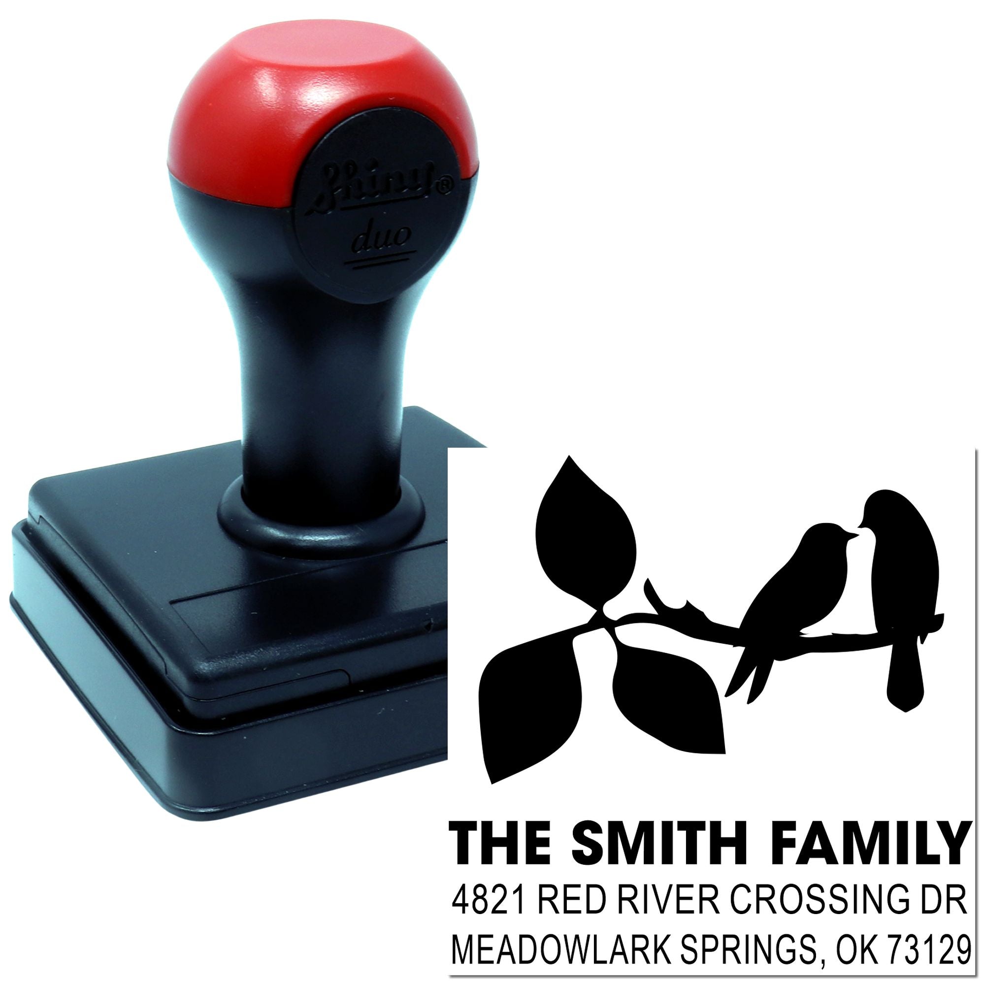 Custom self-inking rubber address stamp with bird silhouettes and The Smith Family return address for personalized envelopes and mailings