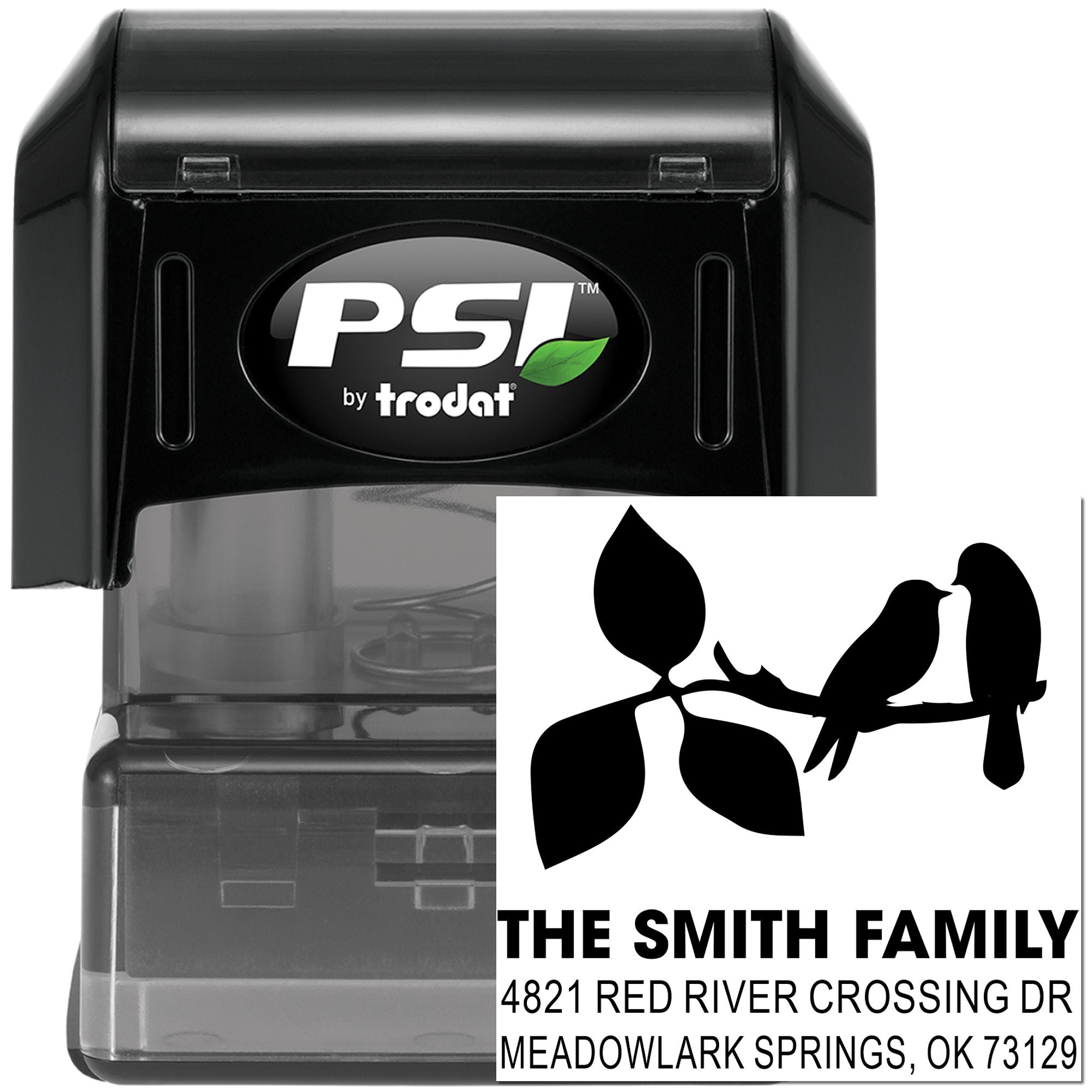 PSI by Trodat self-inking custom address stamp with birds on branch design, ideal for The Smith Family return address and mailing labels