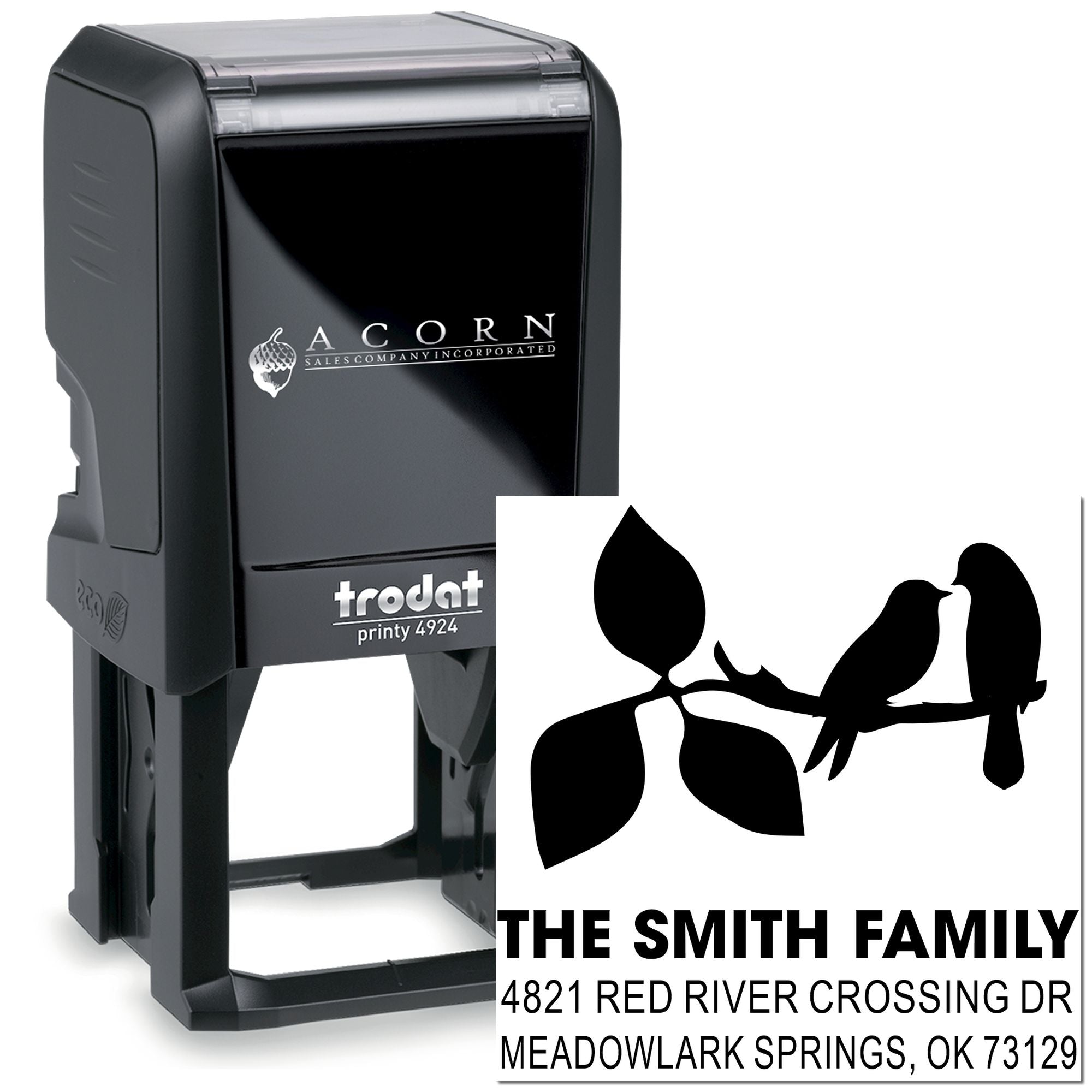 Custom self-inking rubber stamp with family name, address and bird branch design for personalized mailing, Trodat Printy 4924 style in black.