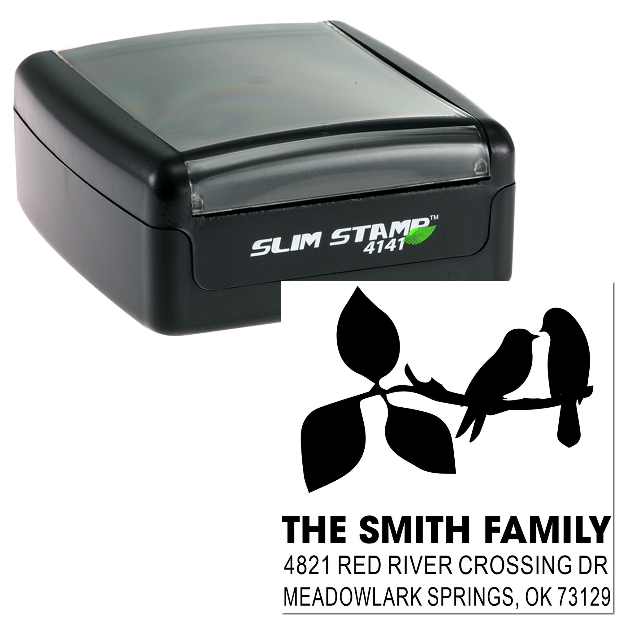 Slim self-inking rubber stamp with custom return address design, The Smith Family, bird branch graphic and personalized mailing address imprint.
