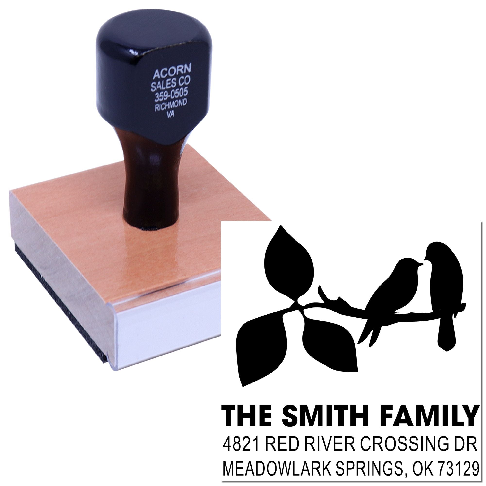 Custom rubber stamp with bird branch design and return address, personalized family name and home address for mailing and stationery use