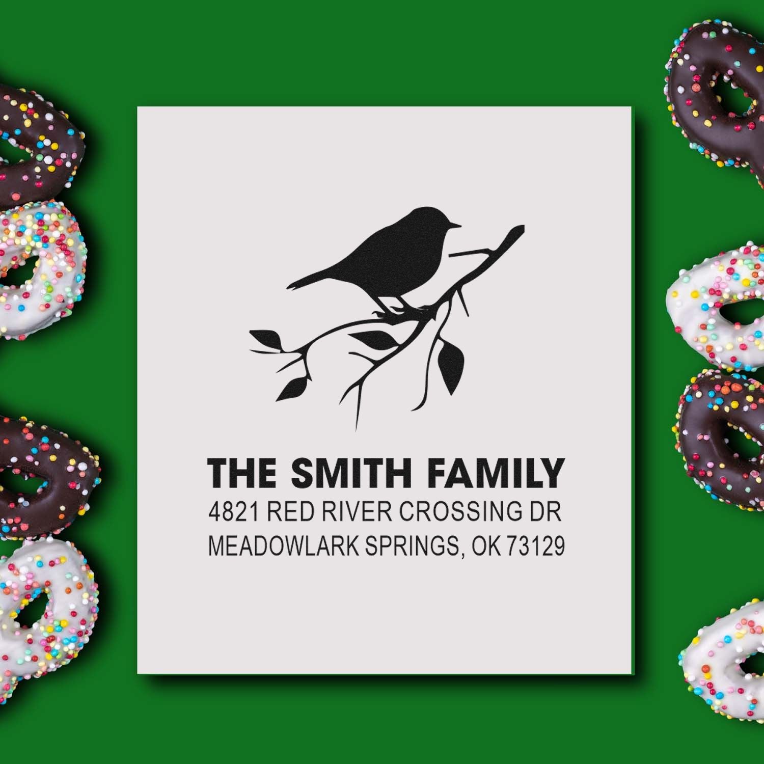 Custom family address rubber stamp with bird on branch design, featuring The Smith Family and Meadowlark Springs, OK return address for mailing.