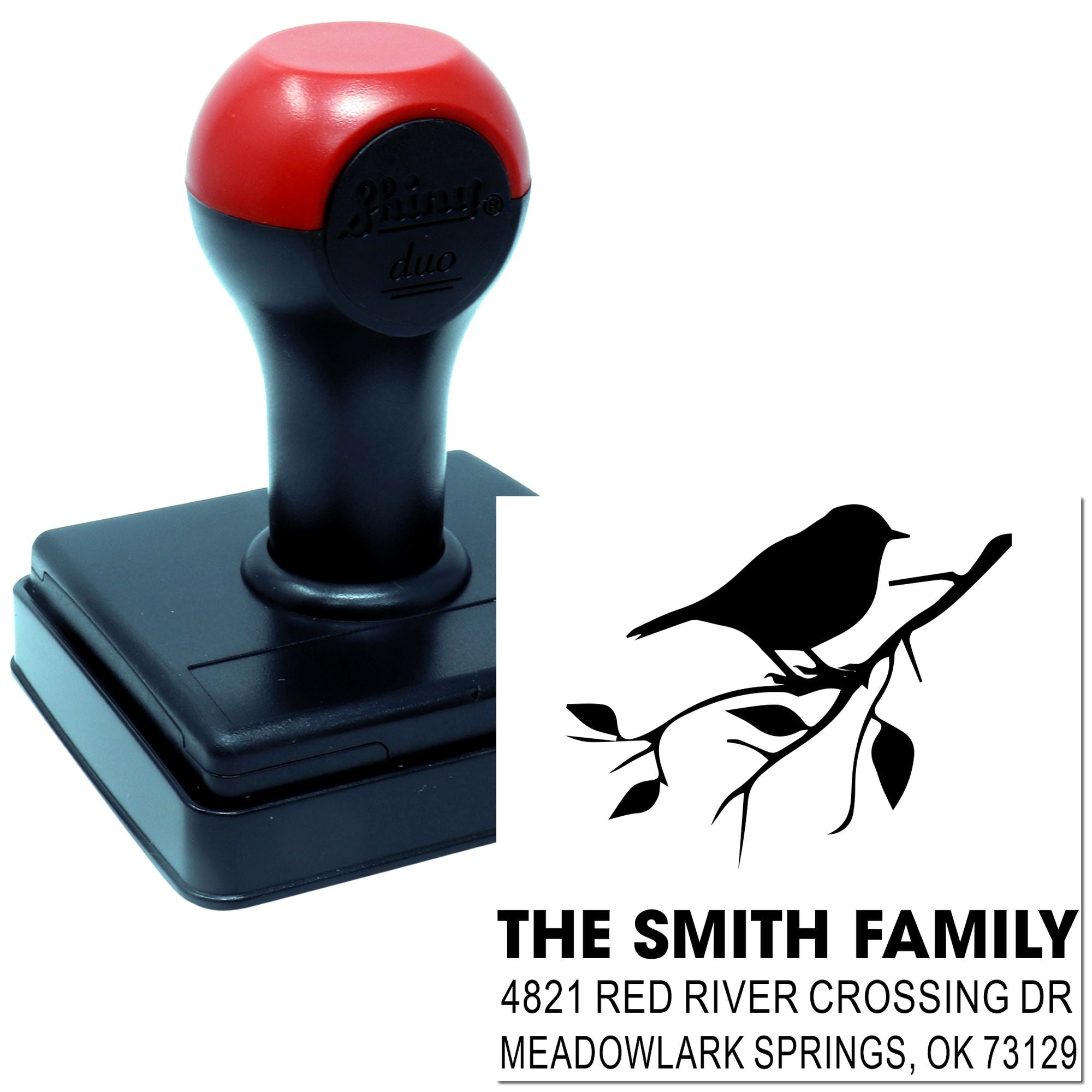 Custom self-inking rubber address stamp with bird on branch design and personalized family name and home address for return mail and envelopes