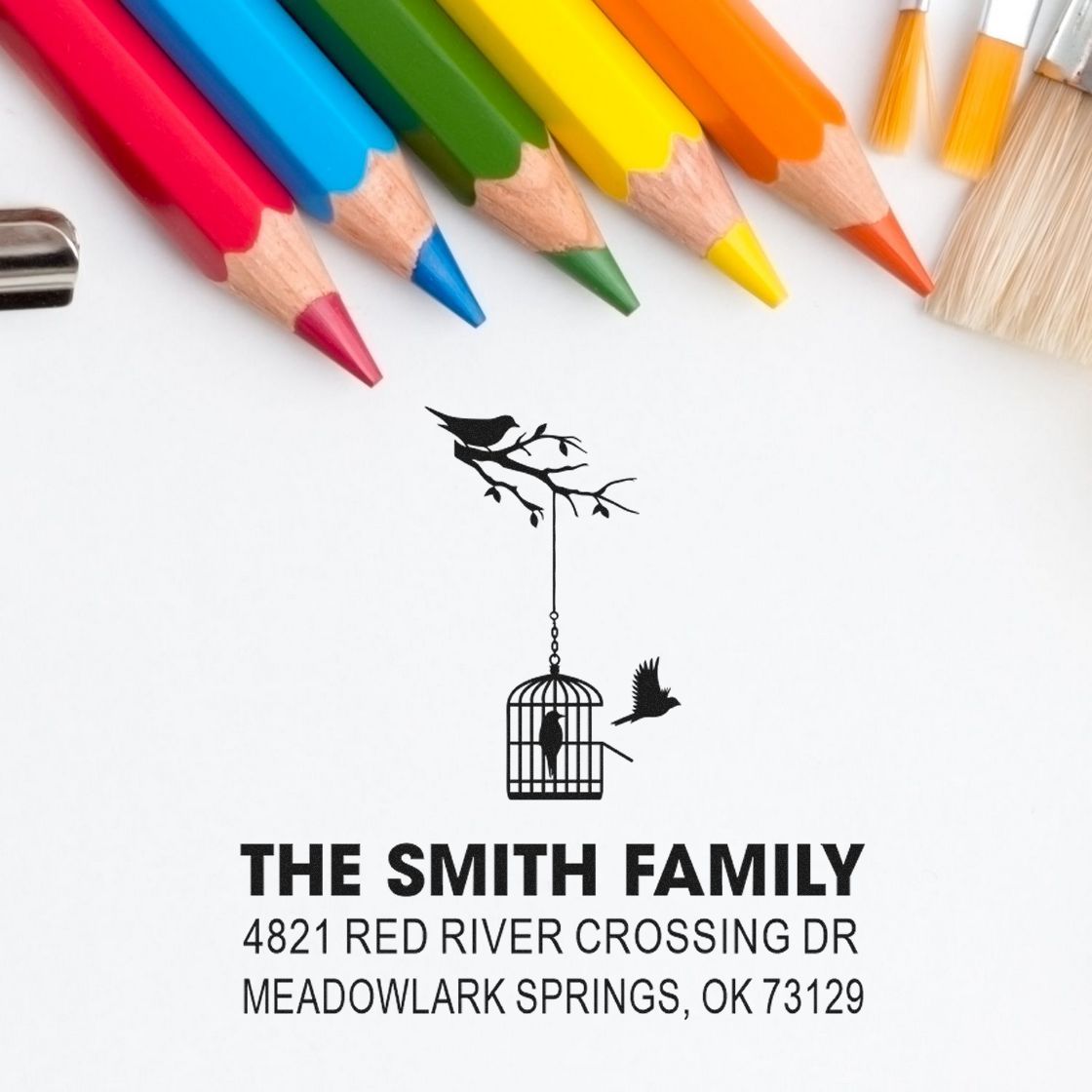 Custom family address rubber stamp with birdcage and bird design, personalized return address for The Smith Family, Meadowlark Springs, OK 73129