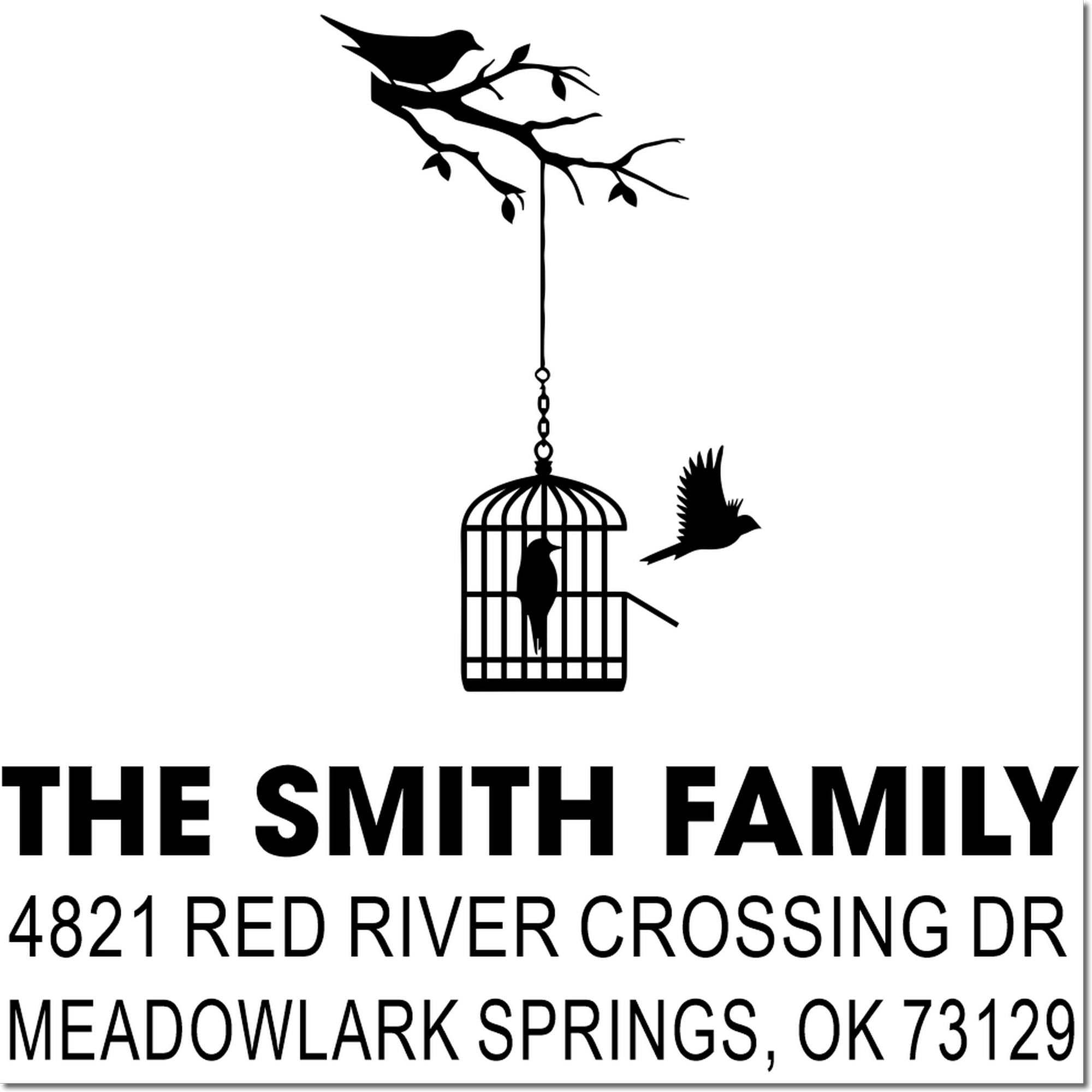 Custom return address rubber stamp with bird on branch, birdcage and flying bird design for The Smith Family, Meadowlark Springs OK 73129