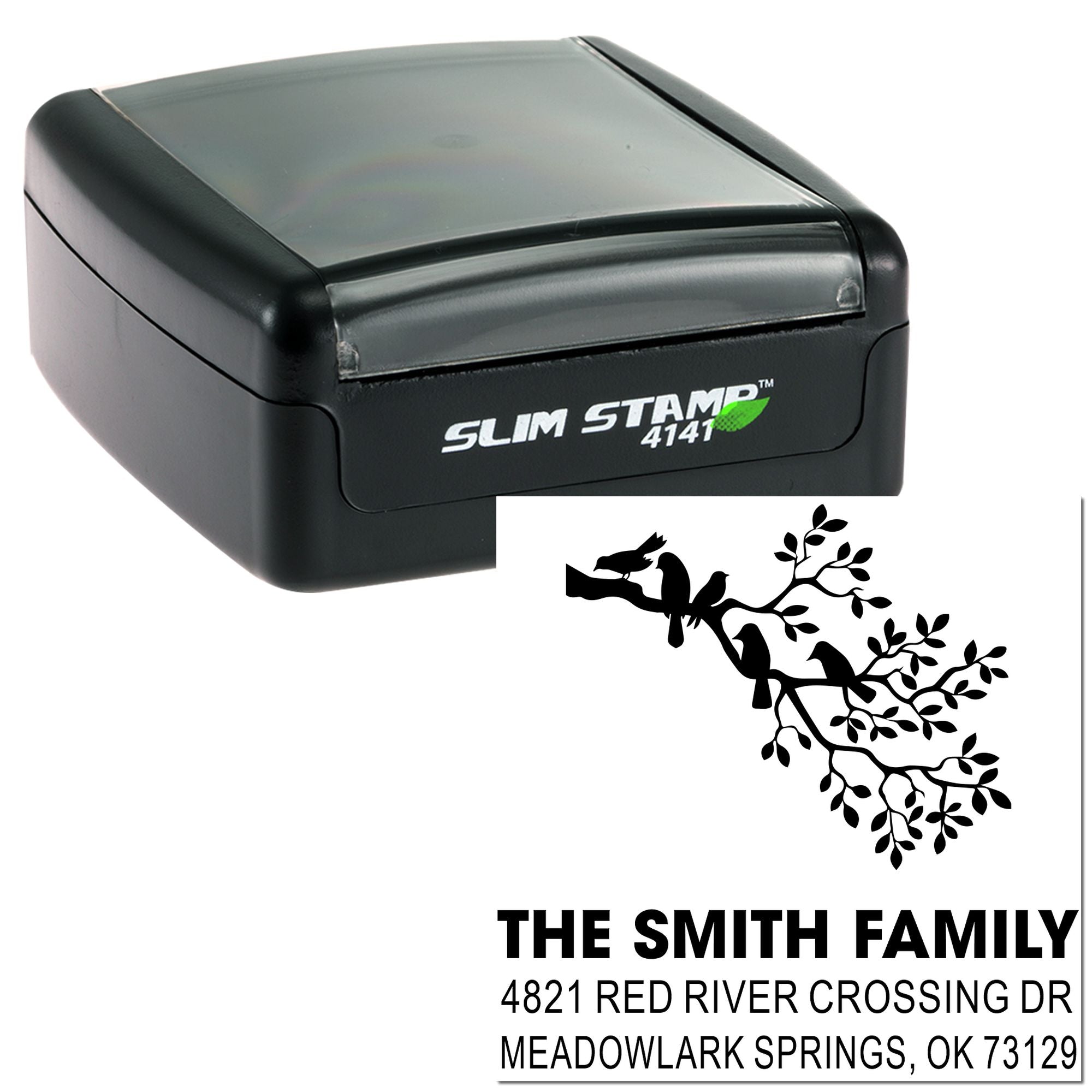 Custom Slim Stamp 4141 self-inking rubber stamp with bird and branch design, personalized Smith Family address stamp for mail and return labels.