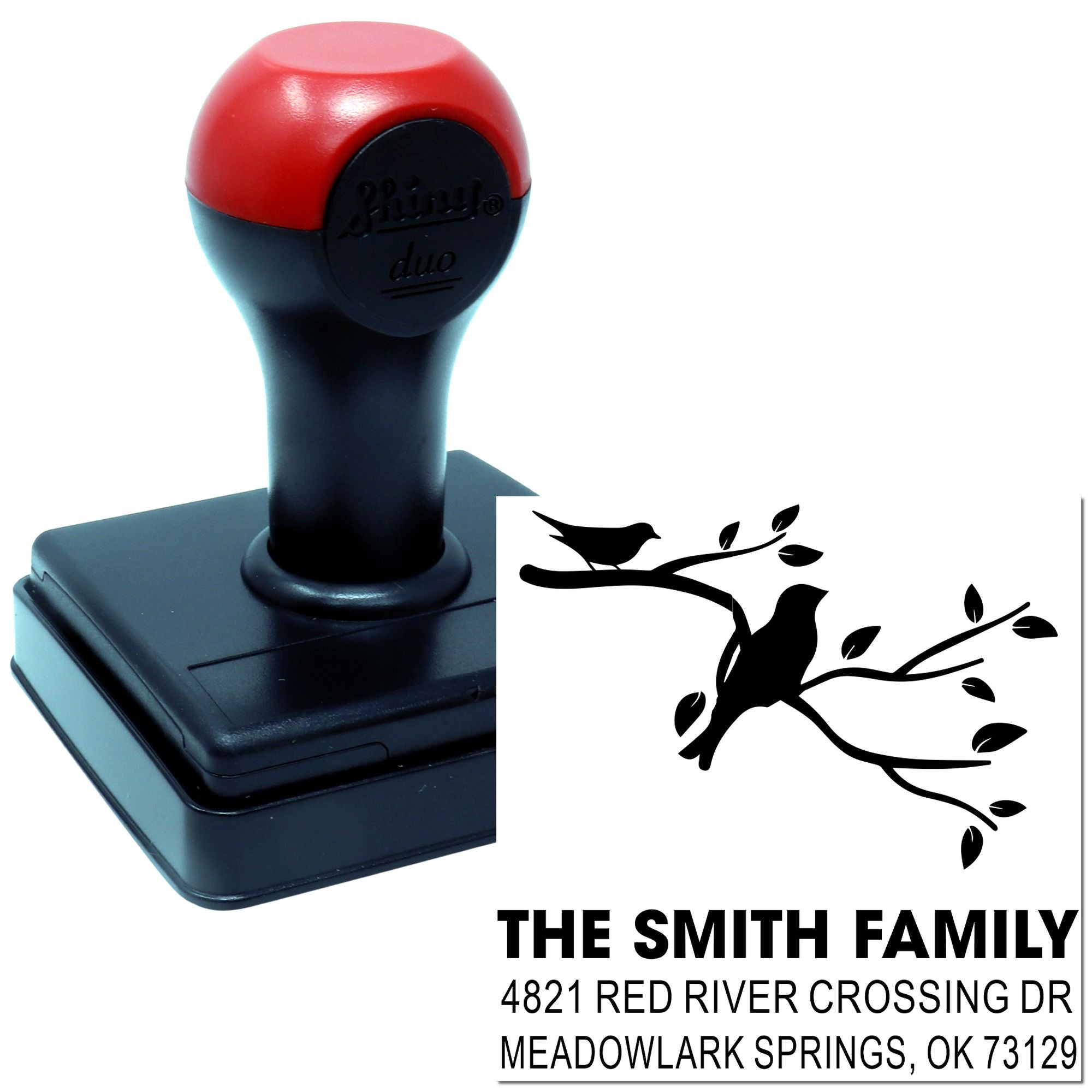 Custom self-inking rubber stamp with bird on branch design, The Smith Family return address stamp for envelopes, invitations and mailings