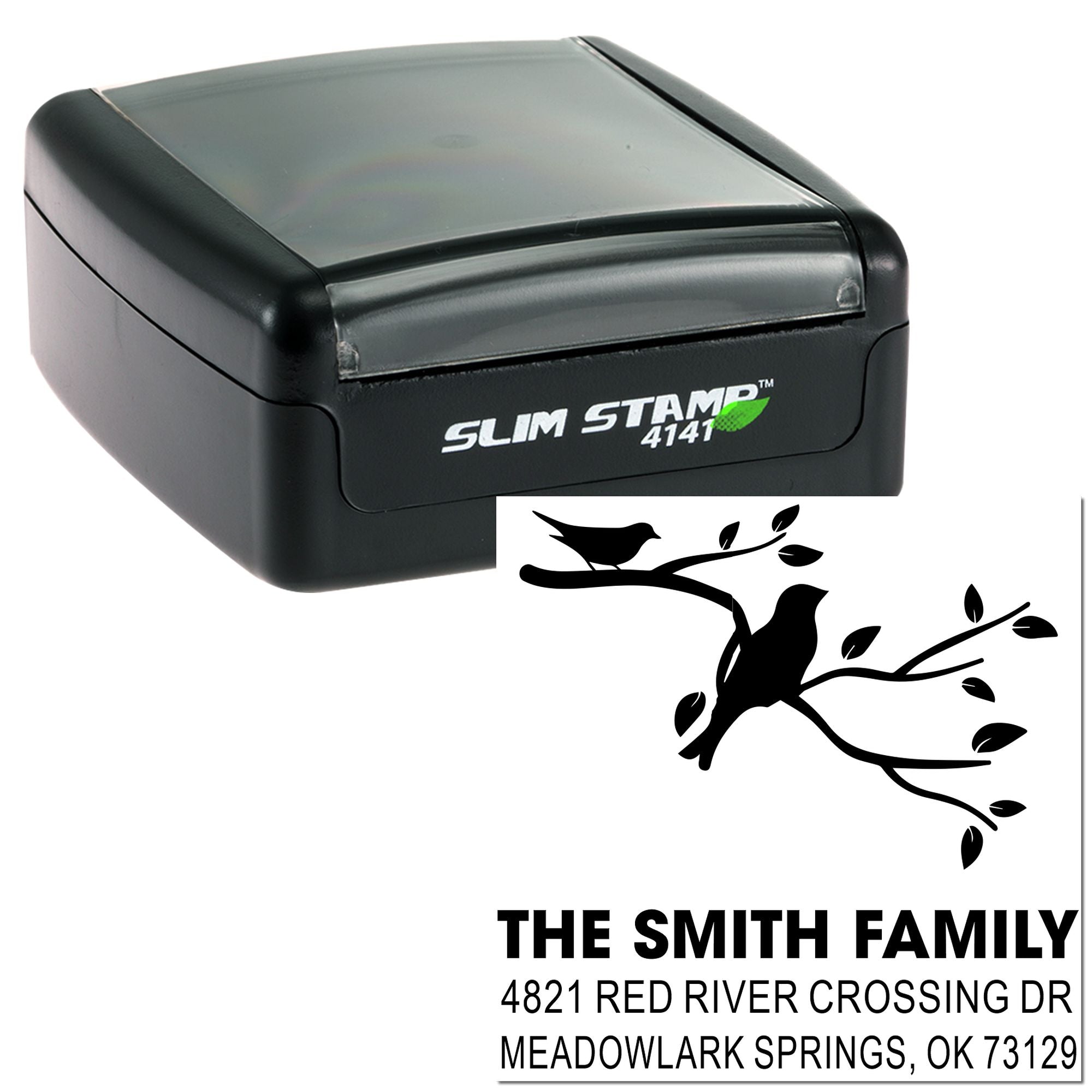 Custom self-inking Slim Stamp 4141 with bird and branch design, personalized Smith Family return address stamp for envelopes and wedding mail.