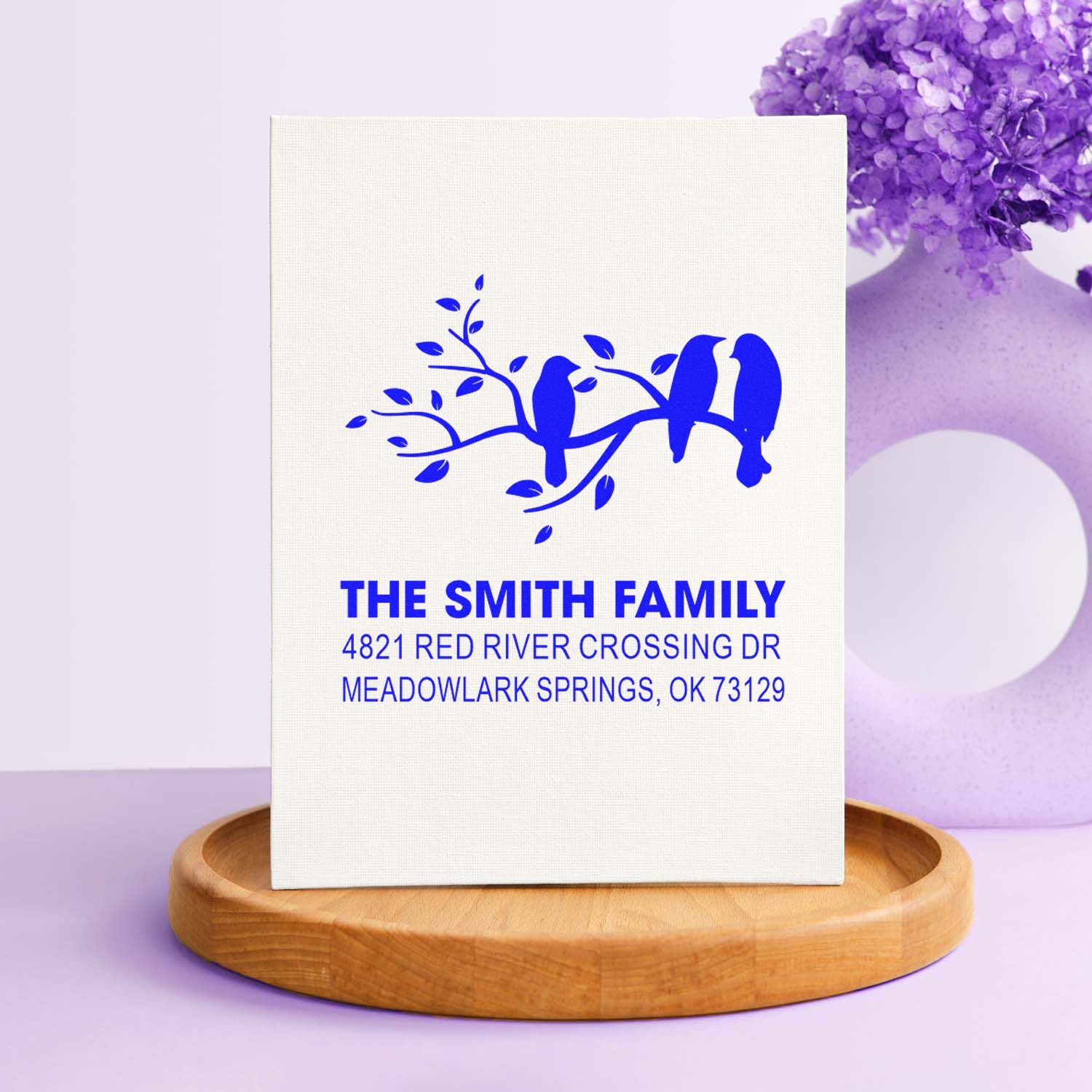 Custom family return address rubber stamp with birds on branch design, personalized blue ink monogram and mailing address for wedding or home use