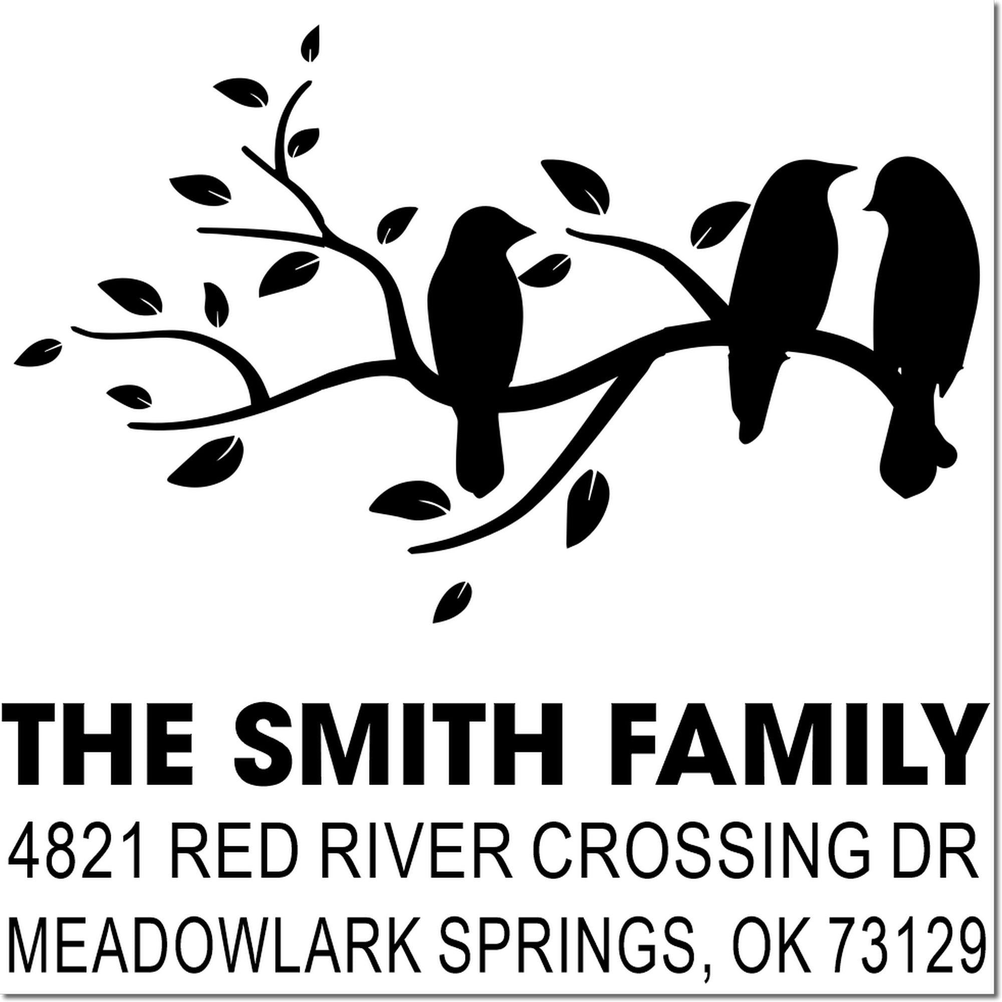 Custom rubber stamp with birds on branch design, Smith family return address stamp for 4821 Red River Crossing Dr, Meadowlark Springs, OK 73129