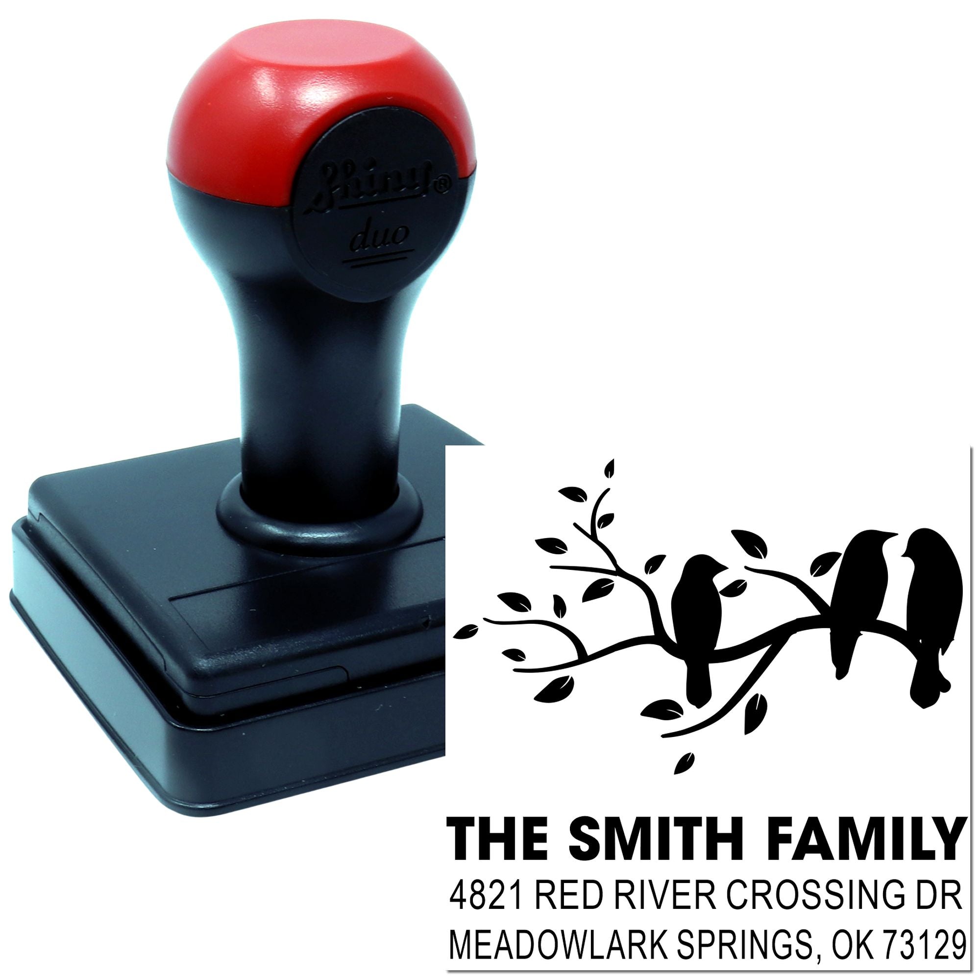 Custom self-inking rubber address stamp with family name, bird branch design, and return address for mailing envelopes, invitations, and cards.