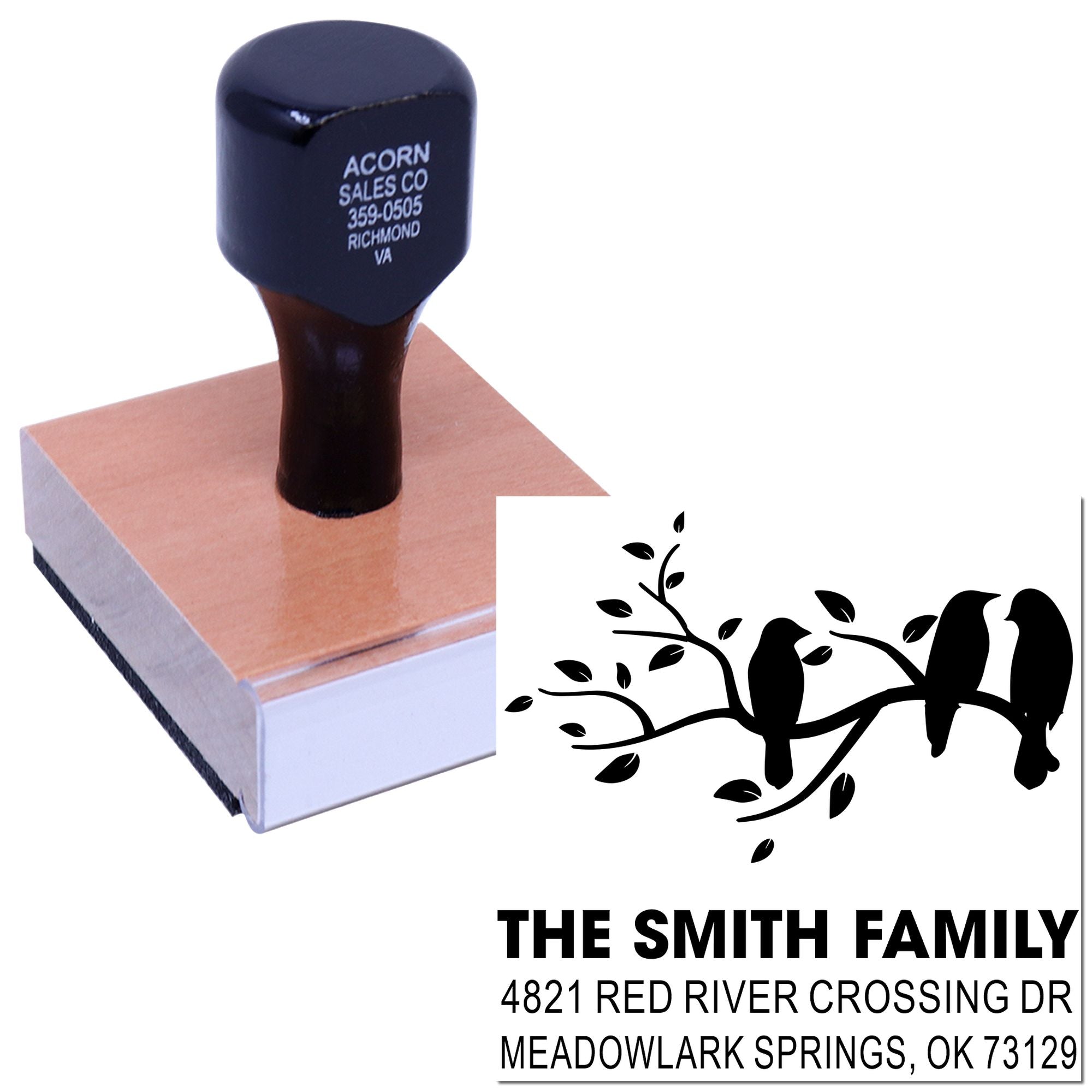 Personalized rubber stamp with wooden handle, custom family address design, ideal for mailing, invitations, home decor, and business use.