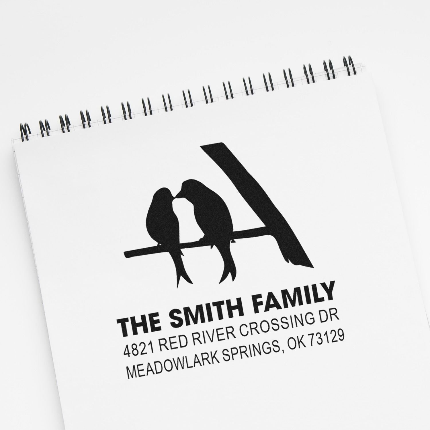 Custom family return address rubber stamp with bird silhouette, personalized name and Oklahoma mailing address for envelopes and stationery.