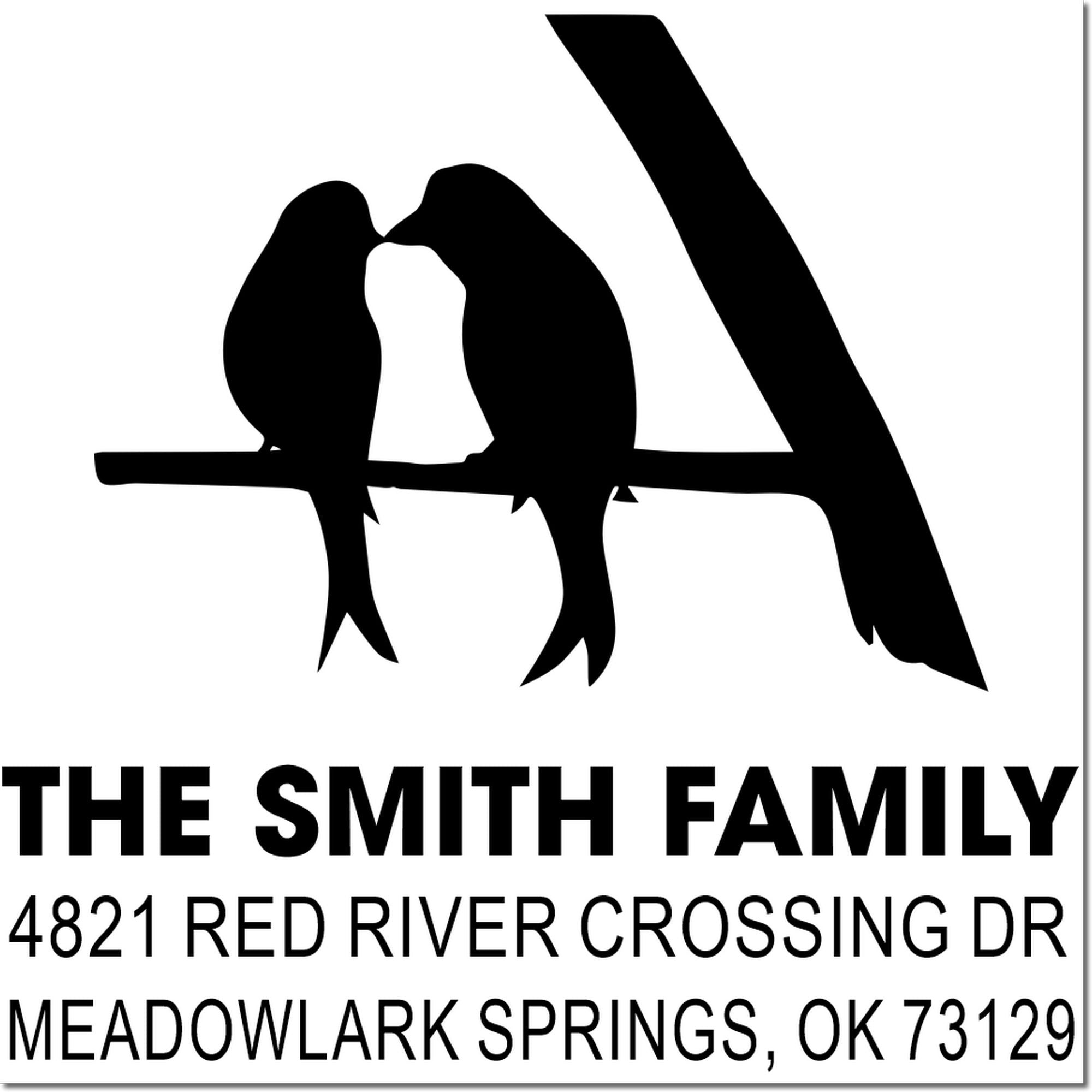 Personalized rubber return address stamp with monogram A, The Smith Family, 4821 Red River Crossing Dr, Meadowlark Springs, OK 73129