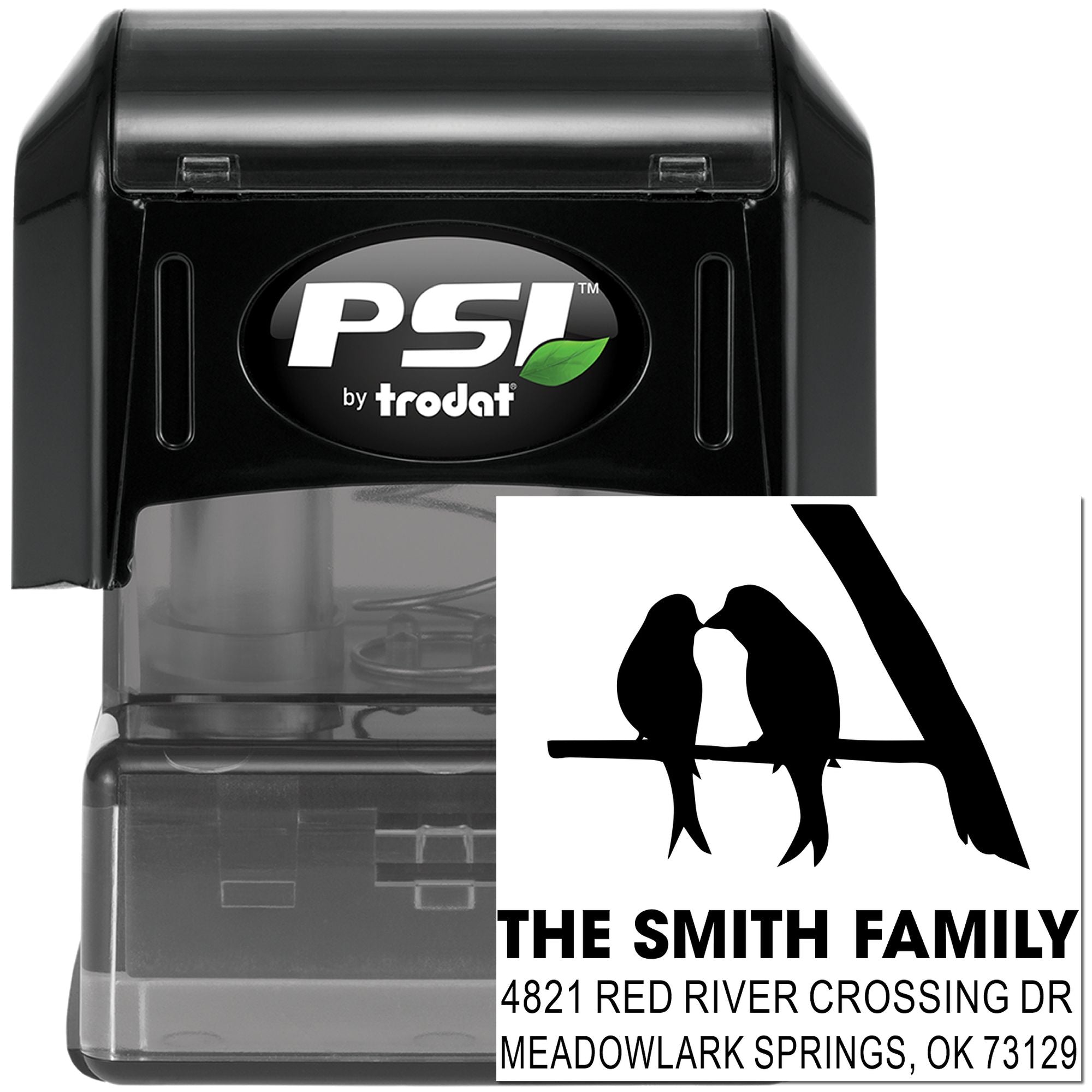 Custom self-inking address stamp by PSI Trodat with birds, The Smith Family name, and personalized return address for Meadowlark Springs, OK 73129