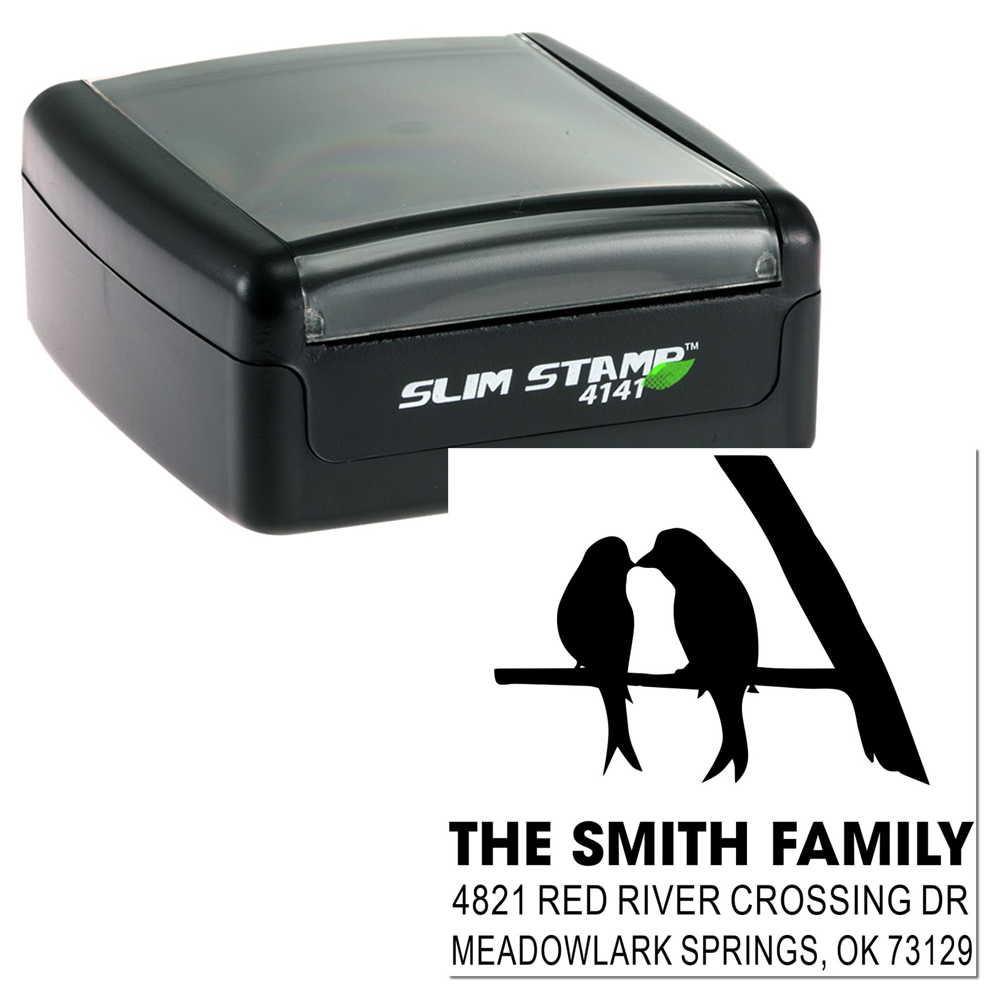 Custom slim self-inking rubber address stamp with birds design, The Smith Family name and full return address, ideal for home mail and cards.