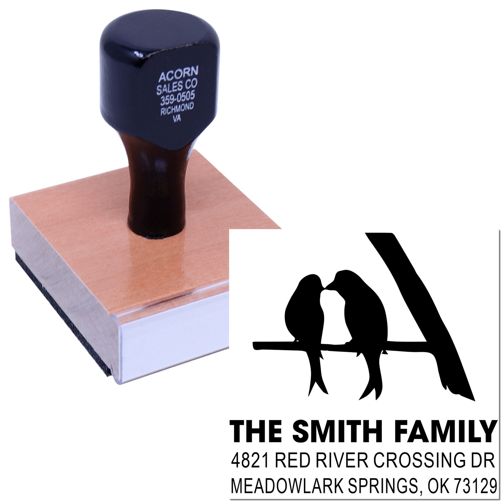 Custom self-inking rubber stamp with family monogram, birds design, and address block for personalized mailing, branding, and return address business use