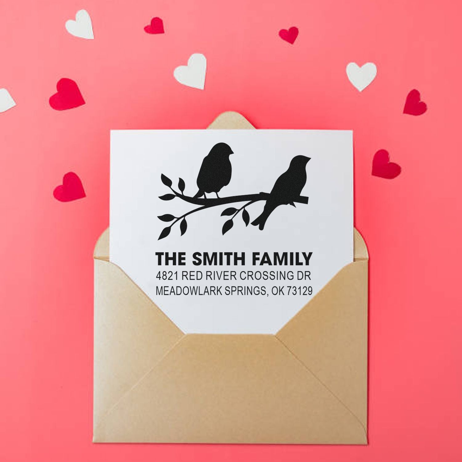 Custom return address rubber stamp with birds on a branch, personalized family name and address for envelopes, invitations, and stationery.