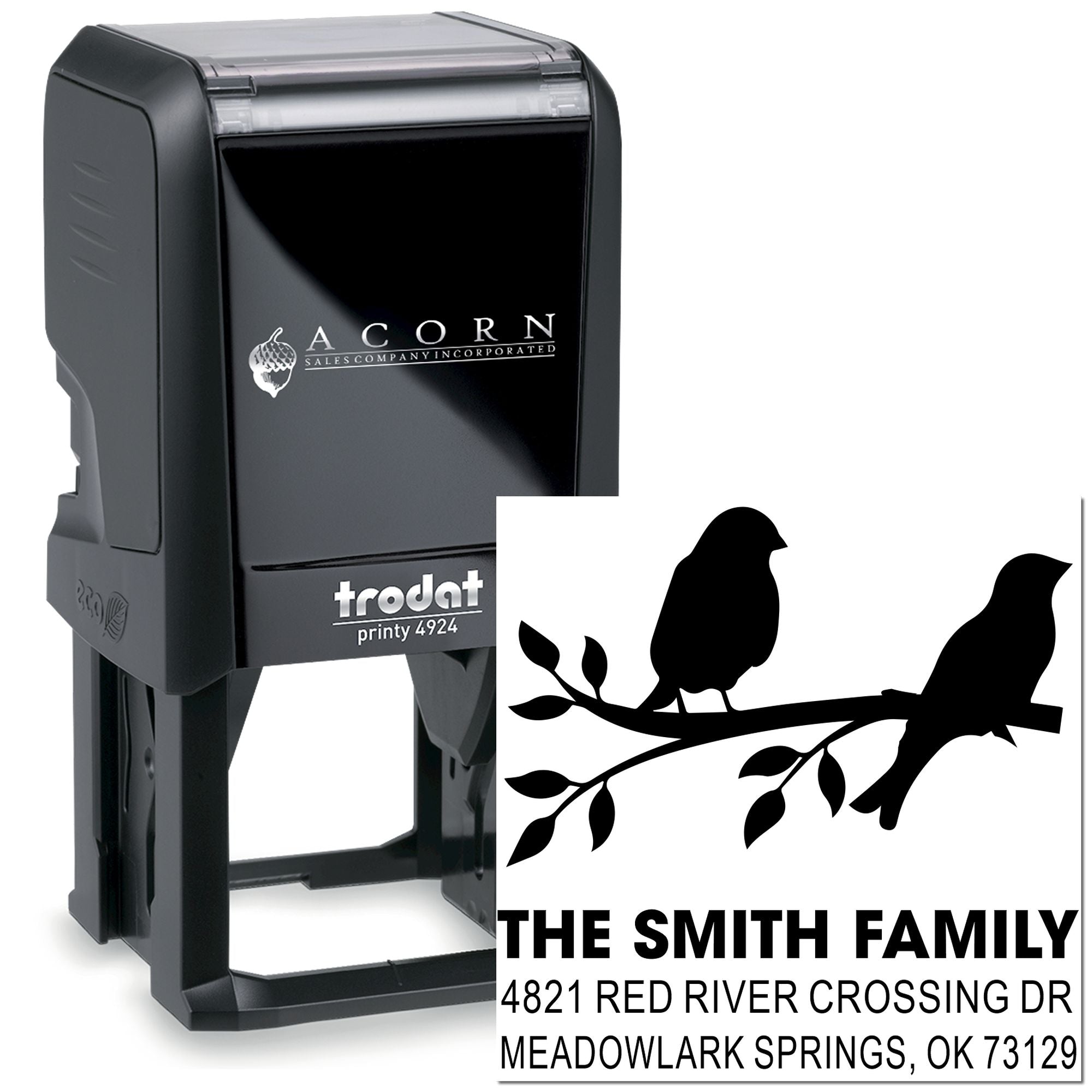 Custom self-inking rubber stamp with bird branch design, The Smith Family address stamp, Trodat Printy 4924 for personalized mailing