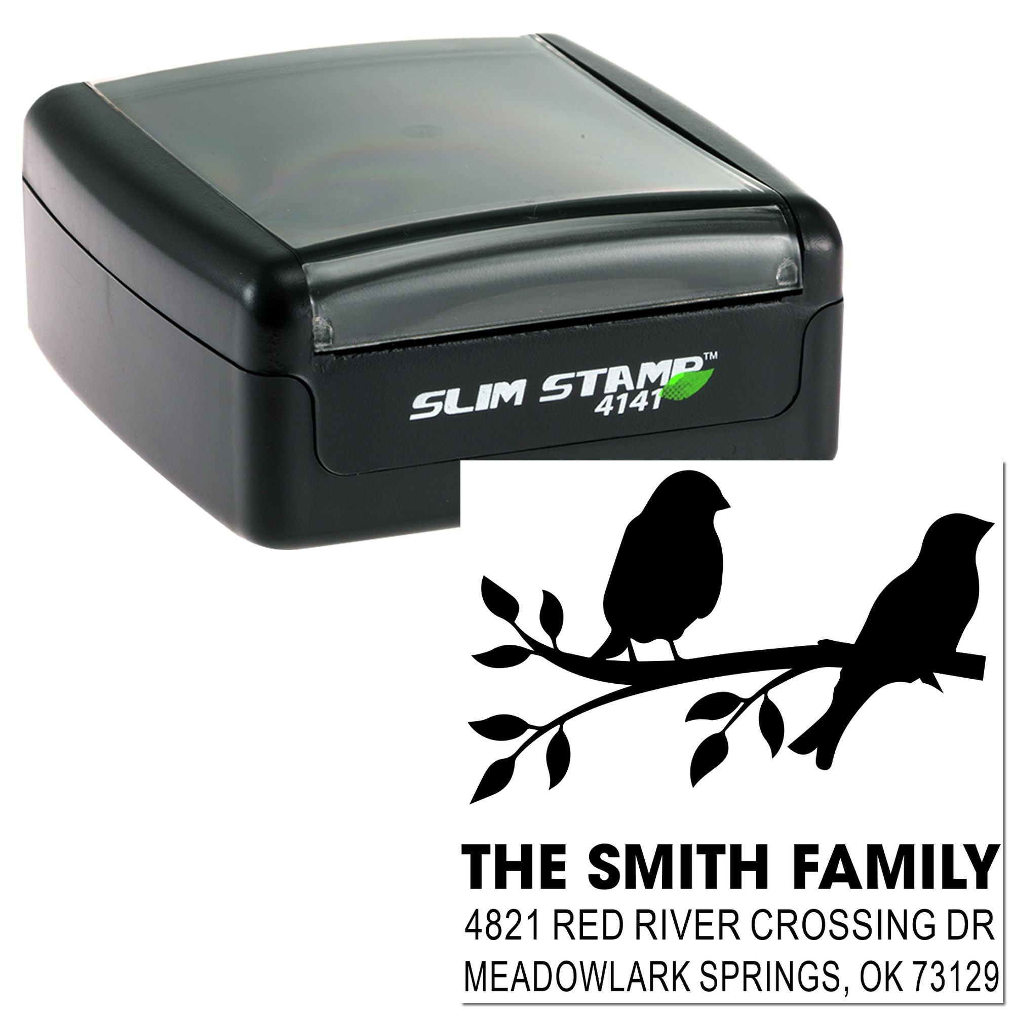 Custom slim self-inking address stamp with birds on branch design, personalized Smith Family return address stamp for envelopes and mail.