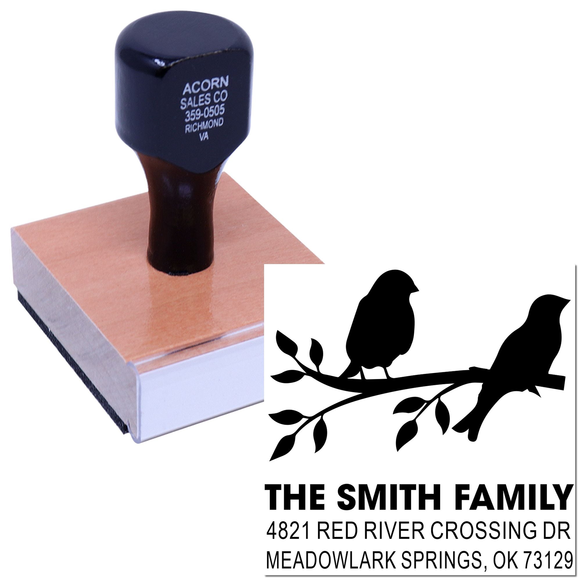 Custom rubber address stamp with birds and family name, featuring The Smith Family return address for envelopes, weddings and home correspondence.