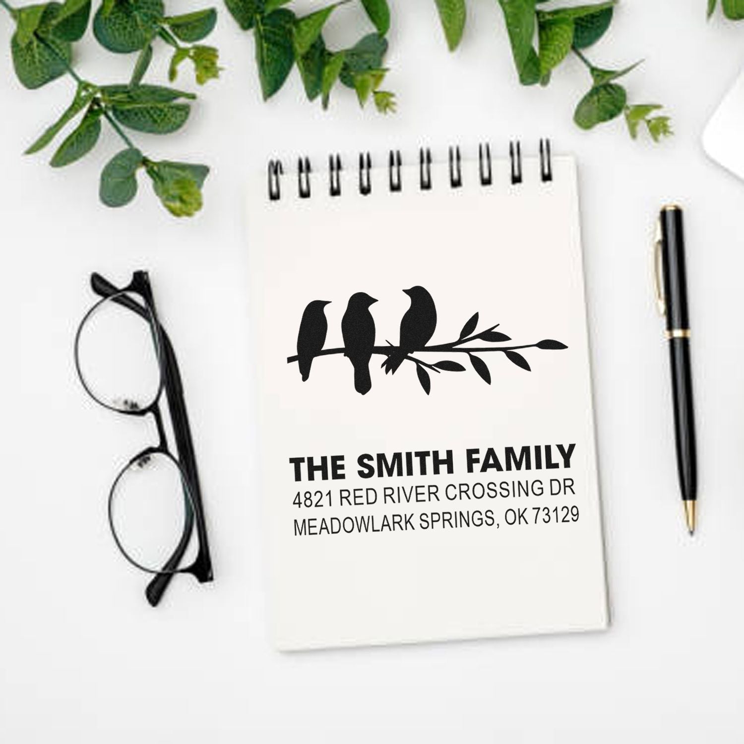 Personalized rubber stamp return address design with birds, custom family name and mailing address for stationery, envelopes, and home office use