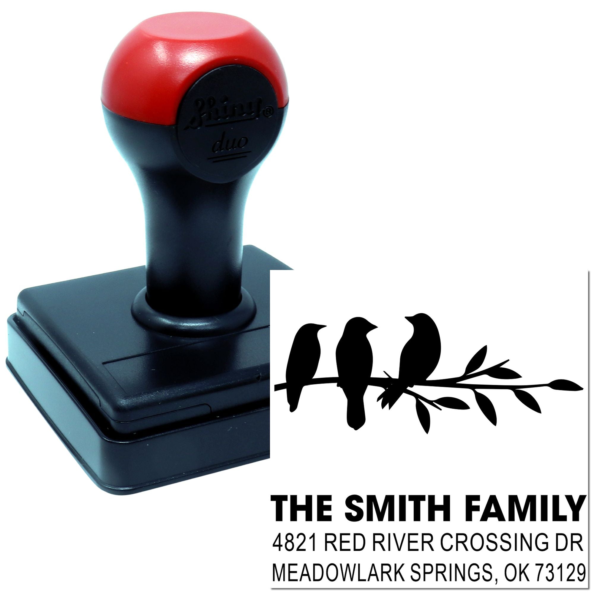 Custom self-inking rubber stamp with bird branch design, Smith family name, and return address for personalized mailing and stationery use