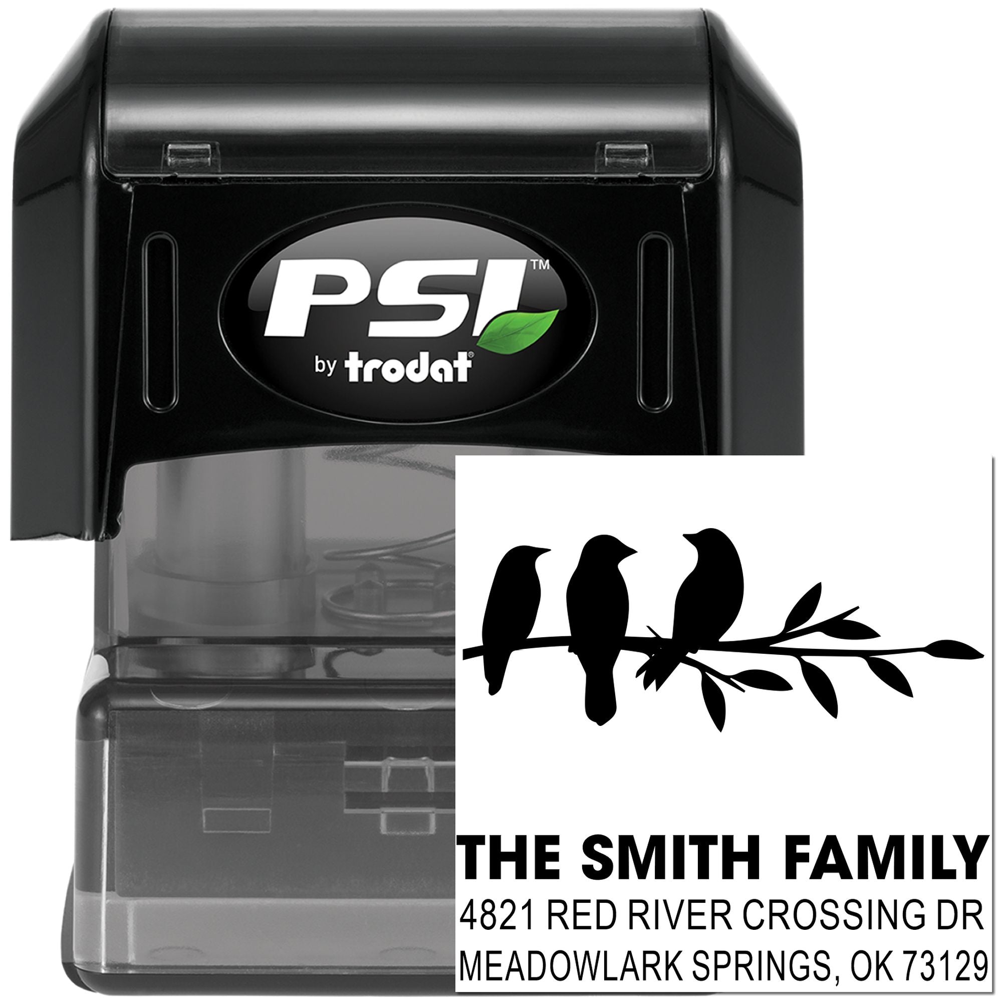 Custom self-inking address stamp with bird branch design, The Smith Family name, and mailing address for personalized home correspondence.