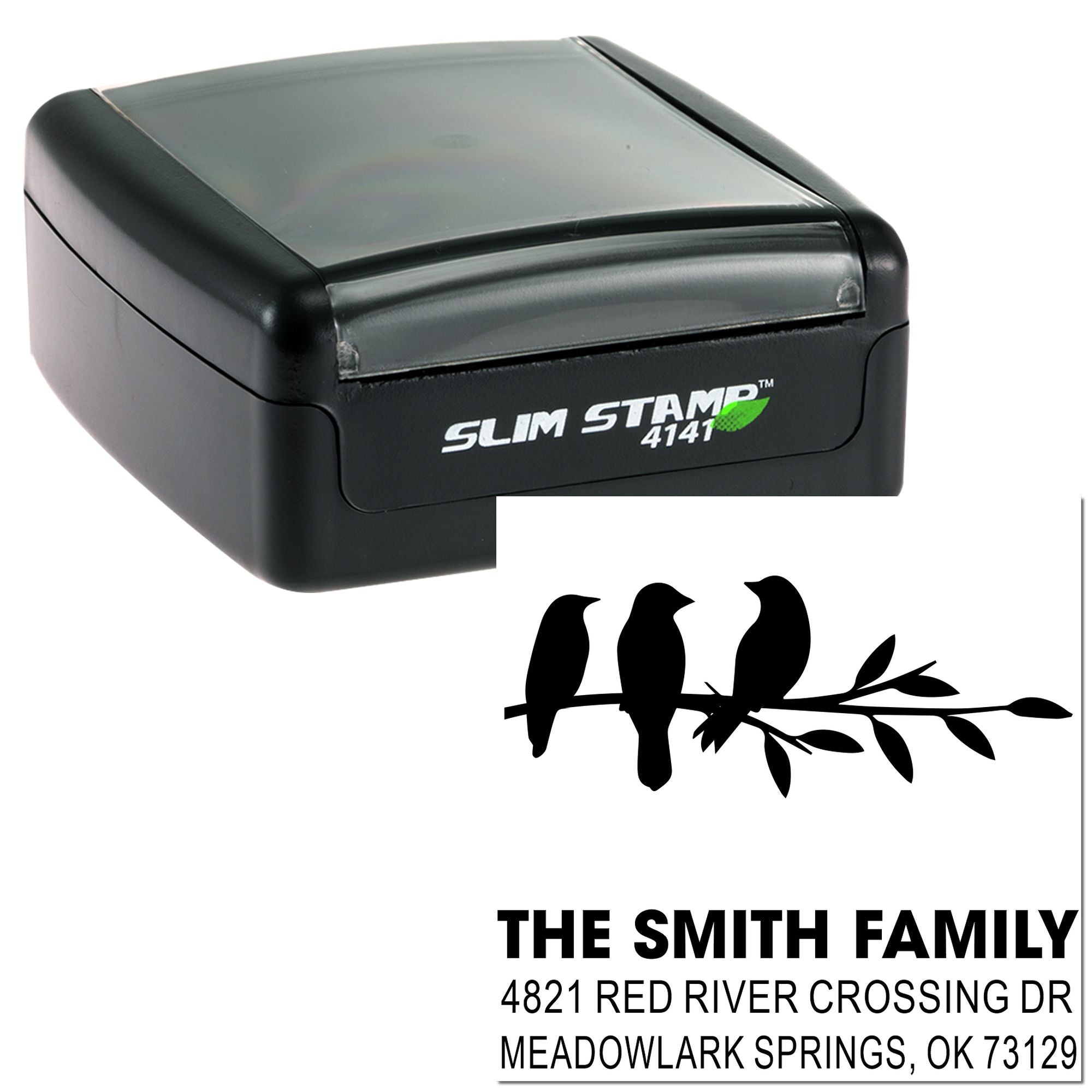 Custom self-inking return address stamp with bird branch design, family name and address for personalized mail, wedding invitations, home and office use