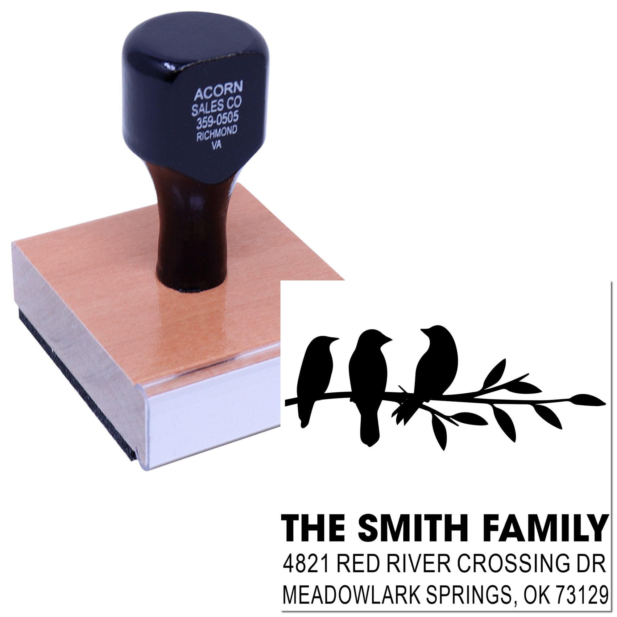 Personalized custom family address rubber stamp with bird branch design, wooden handle, and return mailing address for The Smith Family.