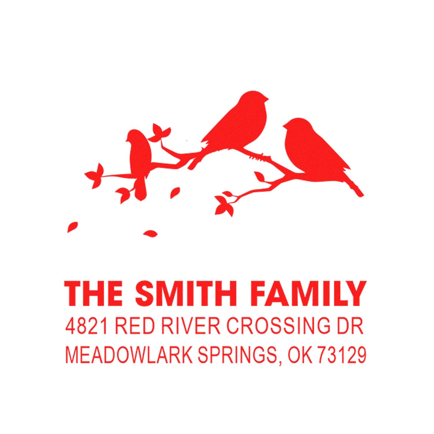 Custom red bird family address rubber stamp with The Smith Family and Meadowlark Springs, OK return address for envelopes and wedding mail