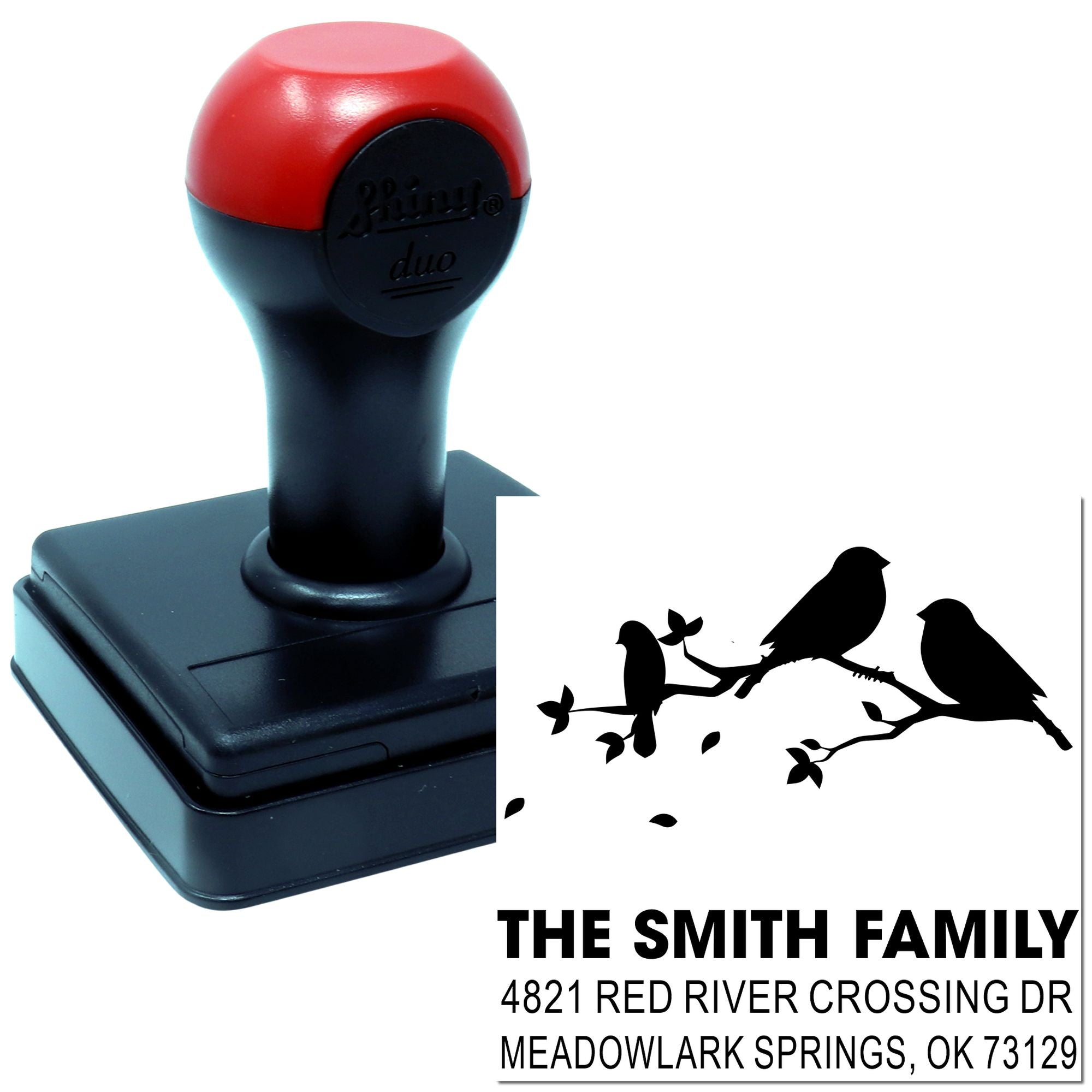 Personalized self-inking rubber address stamp with bird branch design, The Smith Family and Meadowlark Springs, OK mailing return address imprint