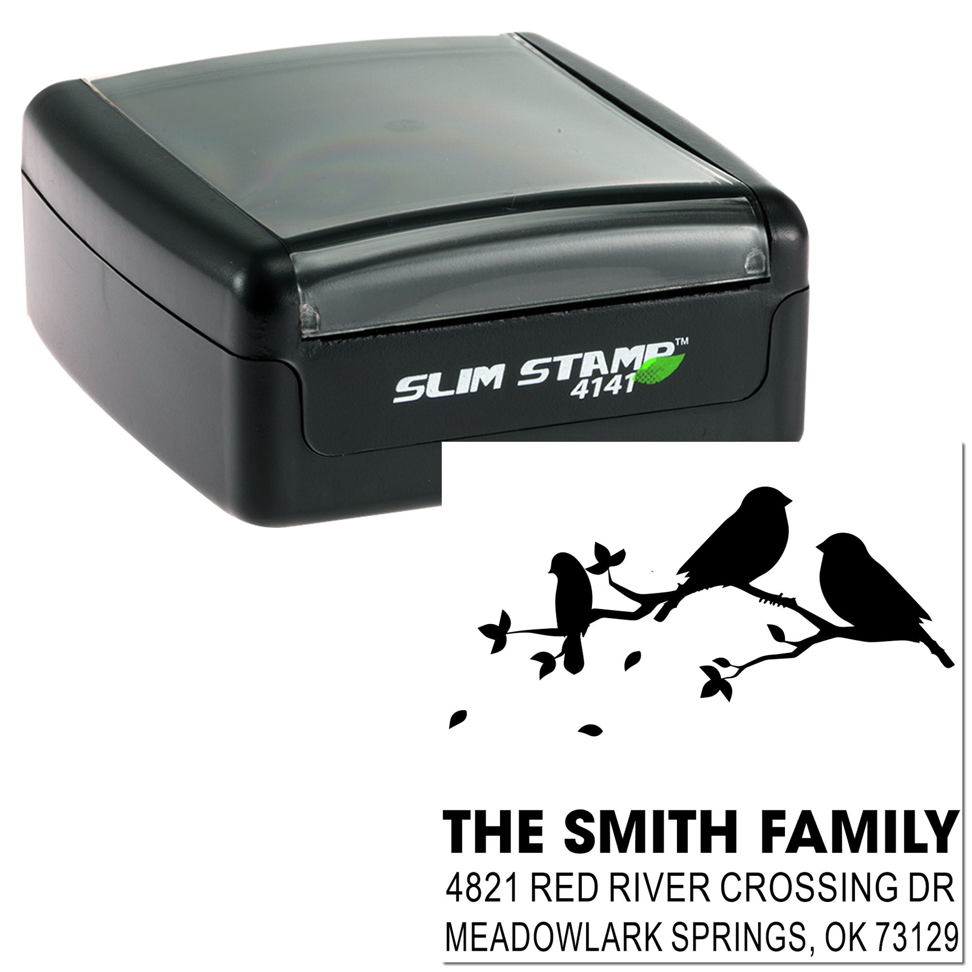 Custom self-inking rubber stamp with bird branch design, The Smith Family name and return address, Slim Stamp 4141 for personalized mail
