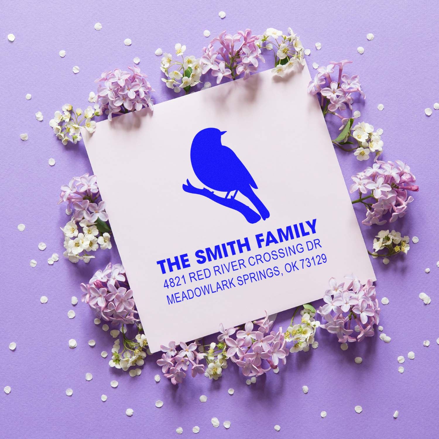 Custom bird return address rubber stamp with family name and mailing address, ideal for envelopes, wedding invites, and personalized stationery.