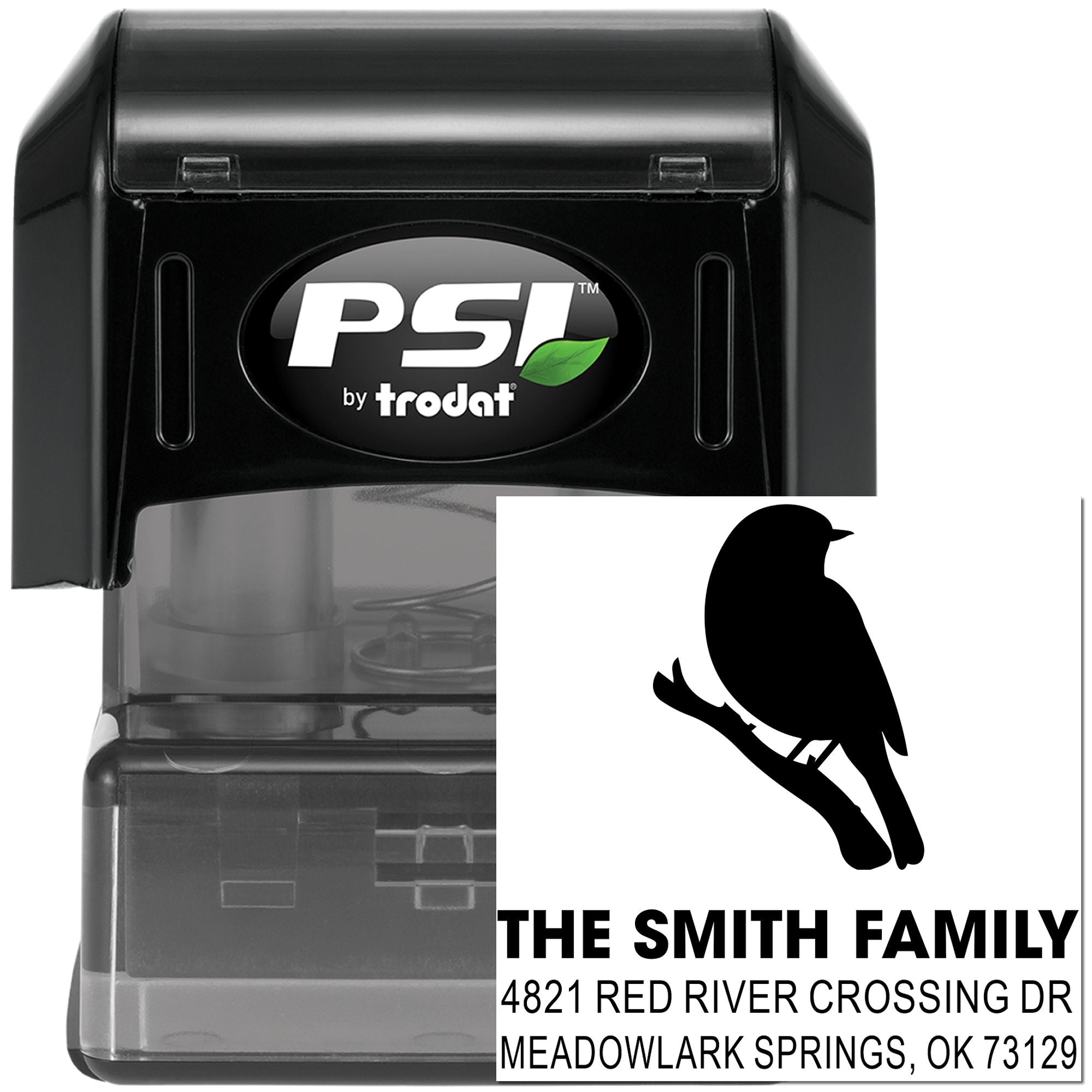 PSI by Trodat self-inking address stamp with bird design, custom family name and return address for personalized home mailing and correspondence.