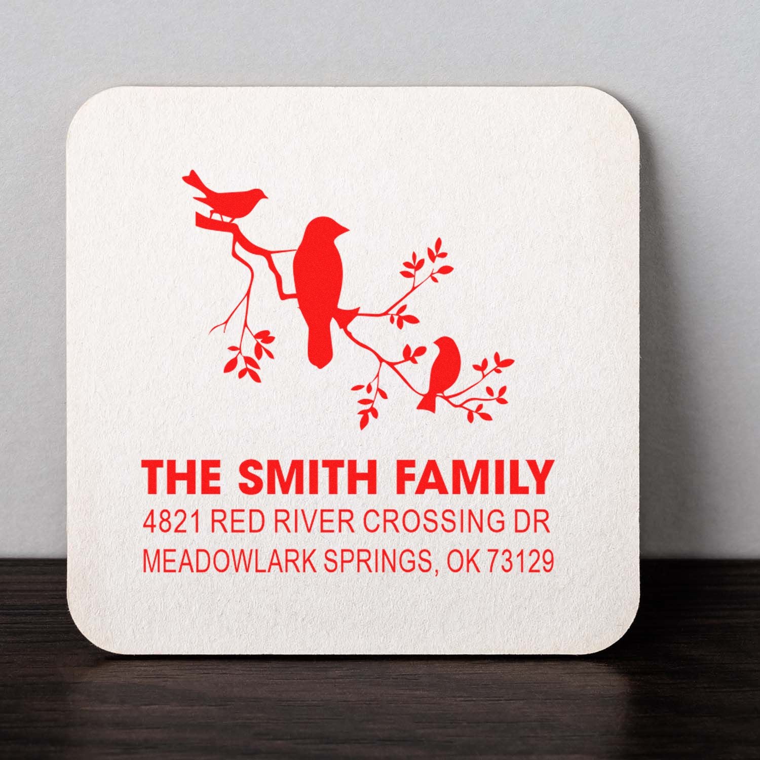 Custom family return address stamp with red birds on branch, The Smith Family, 4821 Red River Crossing Dr, Meadowlark Springs, OK 73129