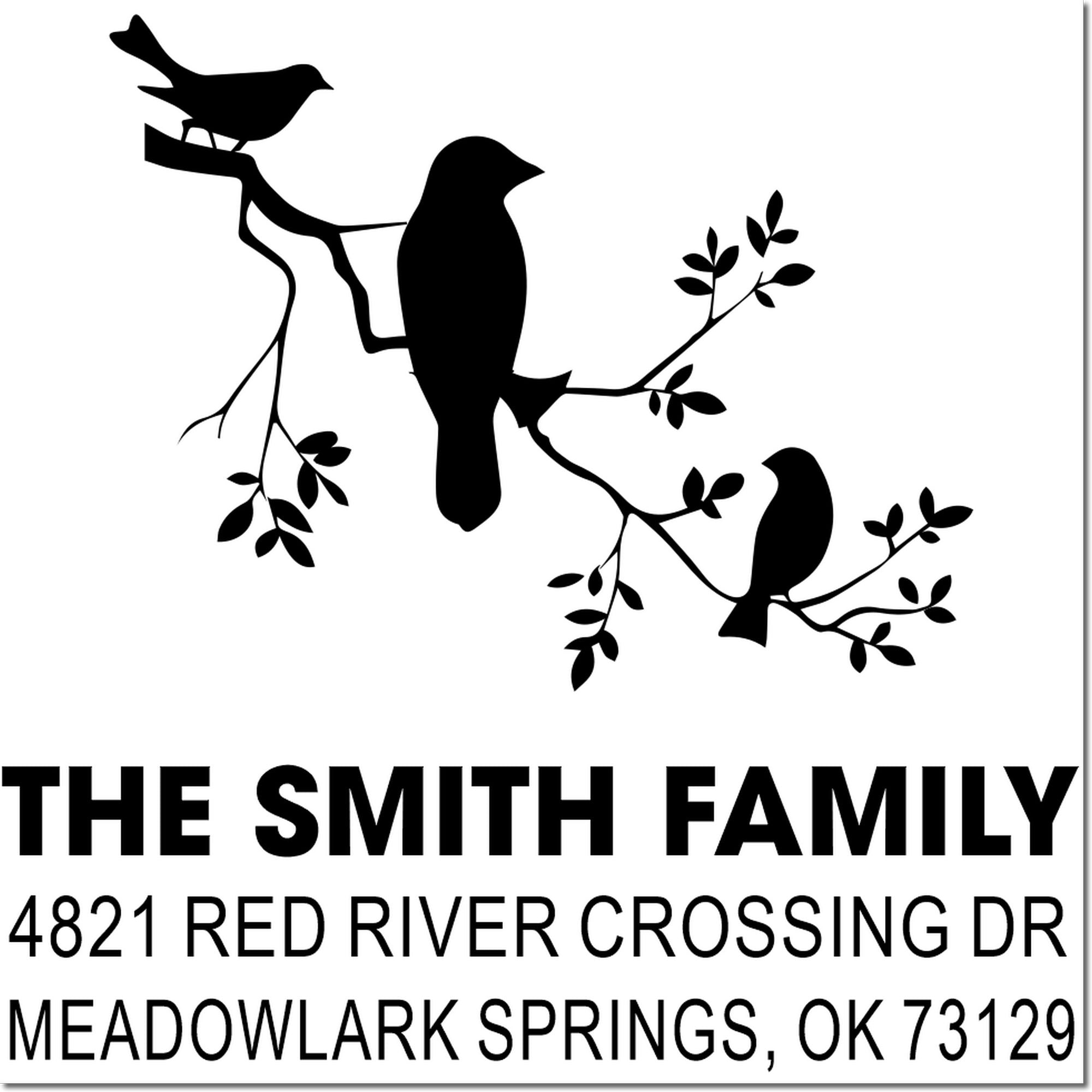 Custom Smith Family rubber address stamp with bird and branch design, featuring return address 4821 Red River Crossing Dr, Meadowlark Springs, OK 73129
