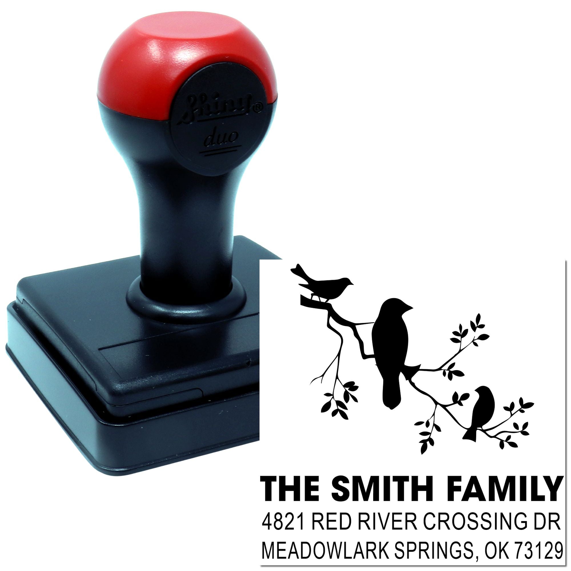 Custom self-inking rubber stamp with bird family design and address block for The Smith Family, ideal for personalized return address stamping.