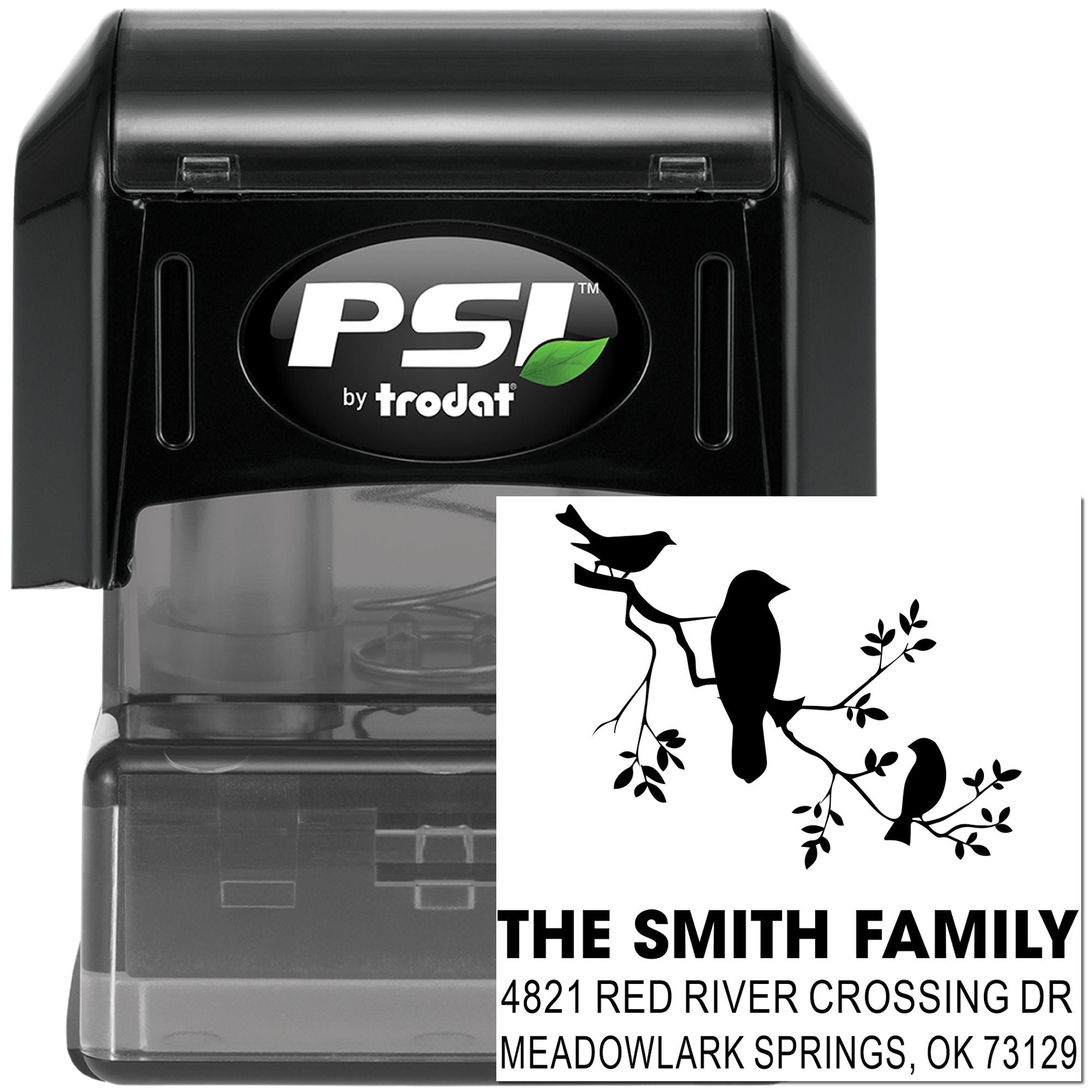 Custom self-inking PSI by Trodat address stamp with bird branch design, personalized return address stamp for The Smith Family, Meadowlark Springs OK