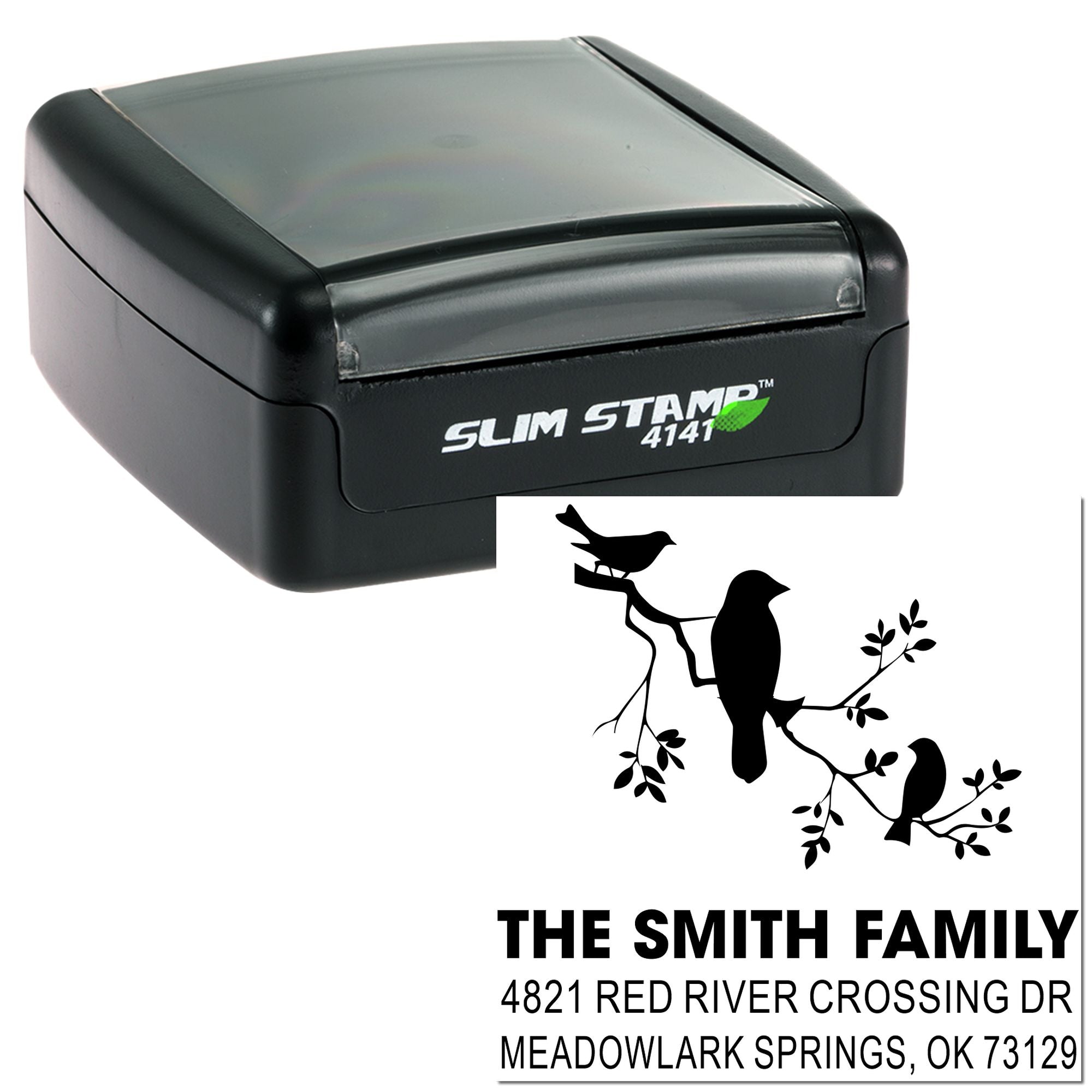 Custom self-inking rubber address stamp with bird branch design, Slim Stamp 4141, The Smith Family return address stamp for envelopes and mail