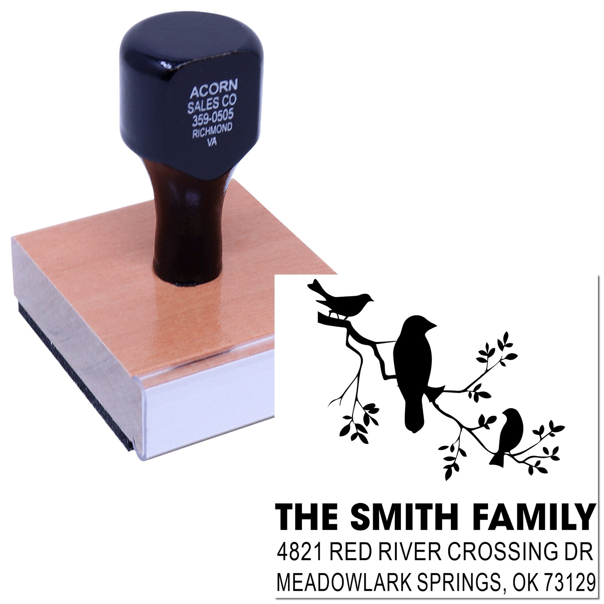 Custom rubber stamp with birds on branch design and return address for The Smith Family, perfect for personalized envelopes and correspondence