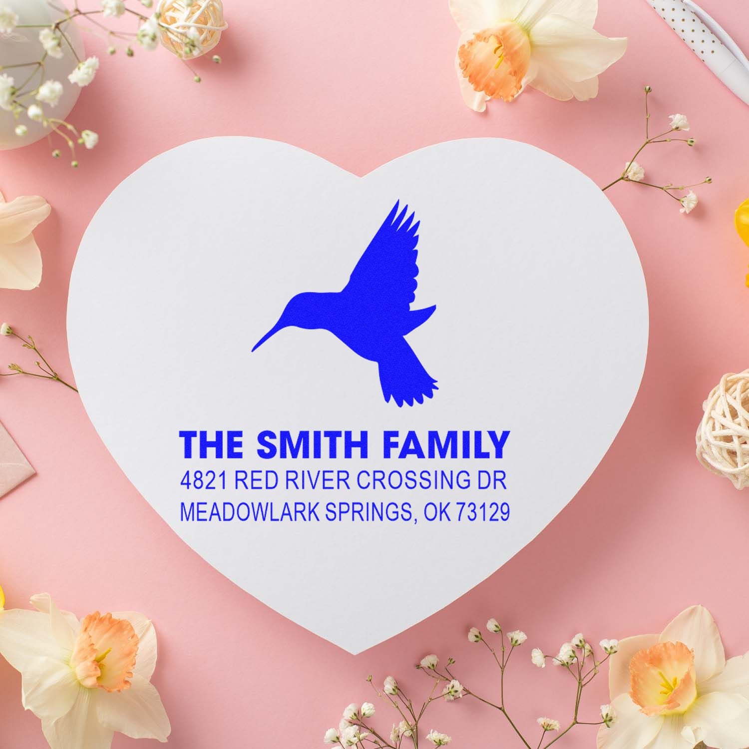 Heart-shaped custom rubber stamp with hummingbird, Smith family name, and return address for wedding favors, stationery, and gift packaging