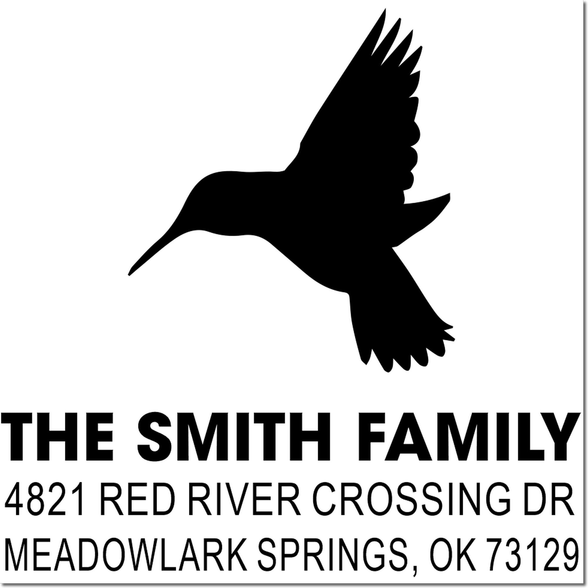 Custom hummingbird family return address rubber stamp with The Smith Family, 4821 Red River Crossing Dr, Meadowlark Springs, OK 73129 design