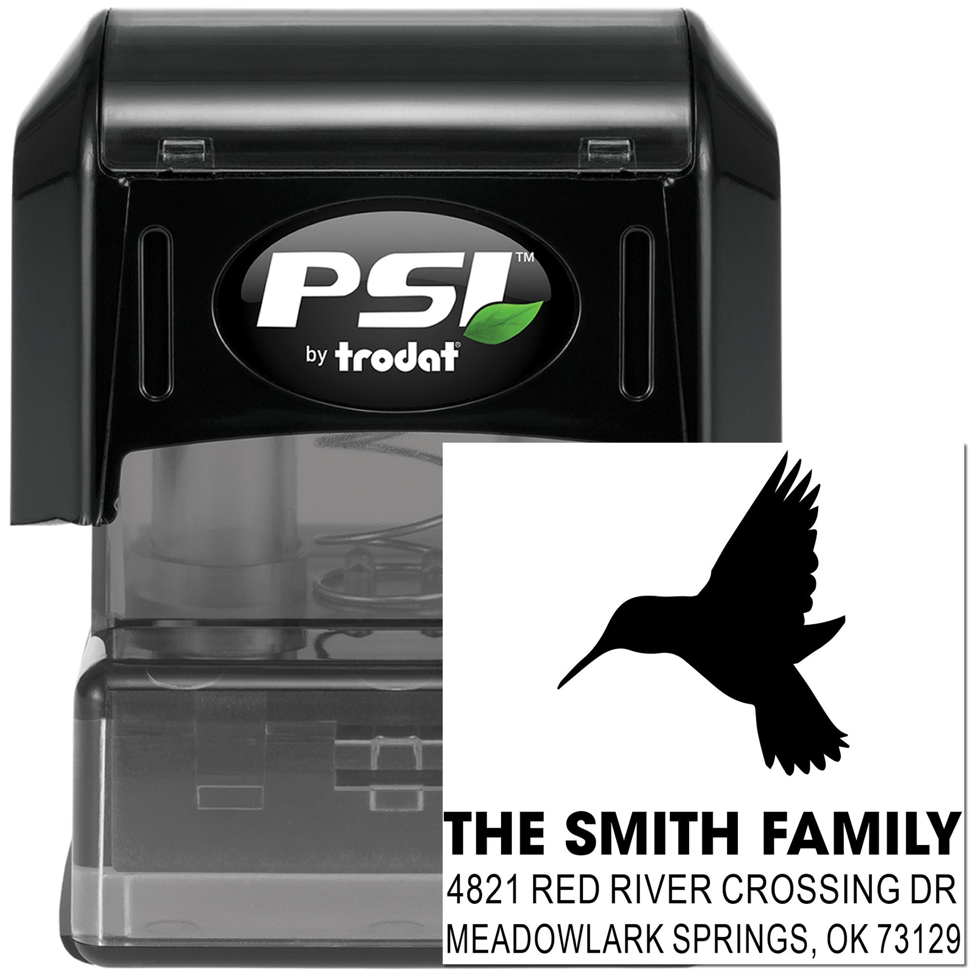 Custom self-inking address stamp with hummingbird design, PSI by Trodat rubber stamp, personalized return mailing stamp for the Smith family.