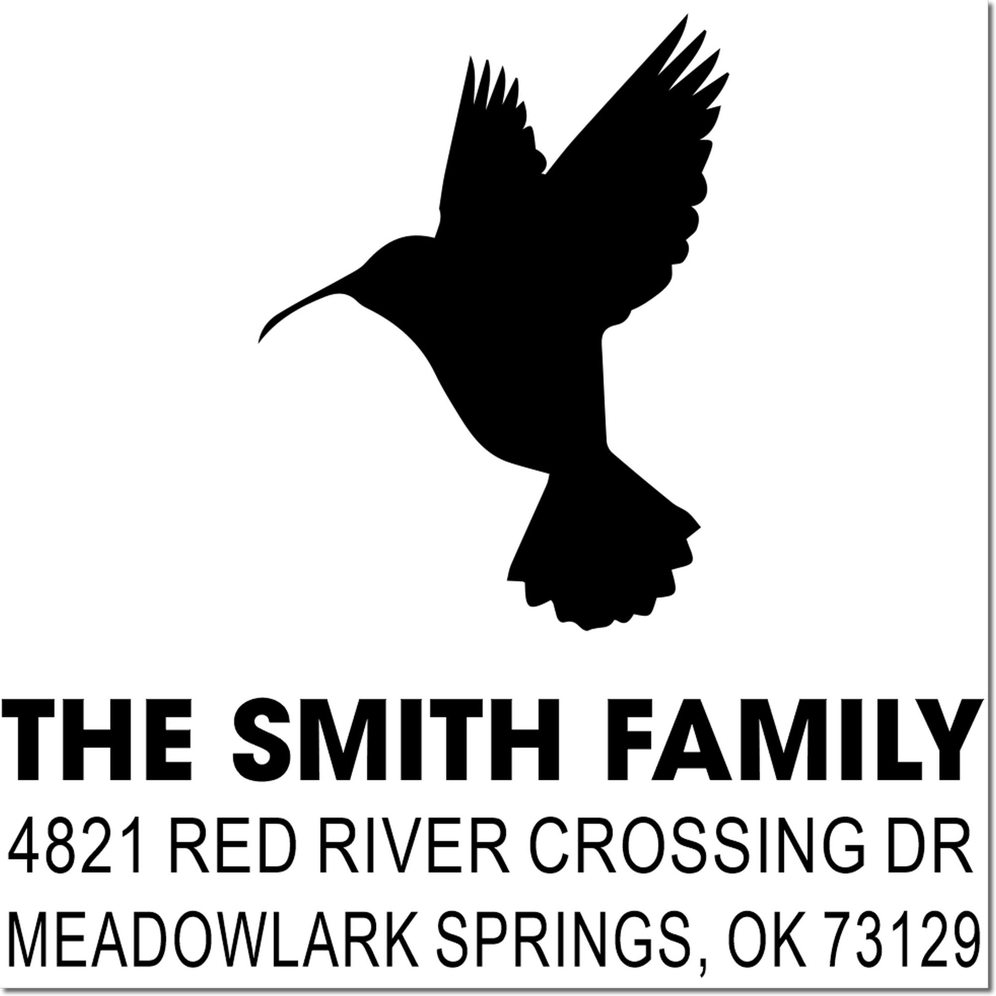 Personalized custom rubber stamp with flying bird silhouette, The Smith Family return address, 4821 Red River Crossing Dr, Meadowlark Springs OK 73129
