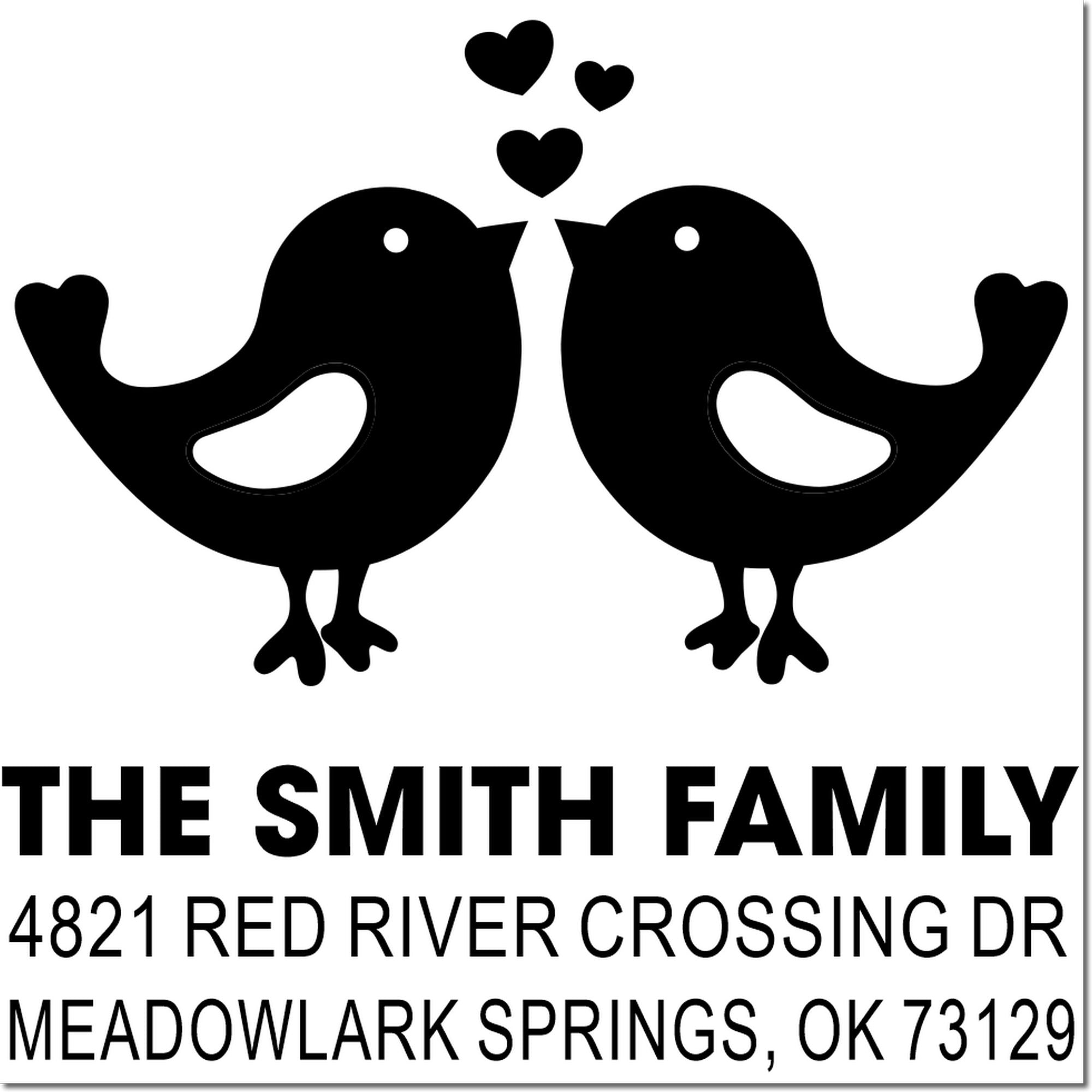 Custom rubber address stamp featuring two black birds, hearts above, and The Smith Family name and address for wedding invitations and home mail.